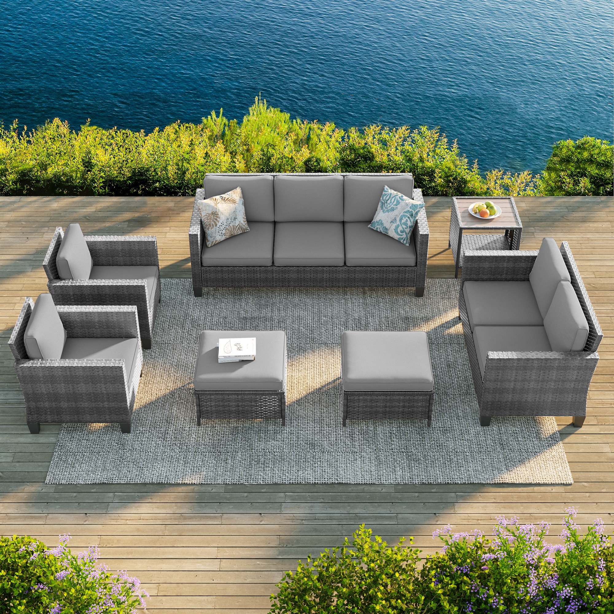 Sonkuki SD-PS-115HGY-S3T3 Patio Conversation Set 7 -Piece Wicker Patio Sofa Conversation Set with Gray Cushions