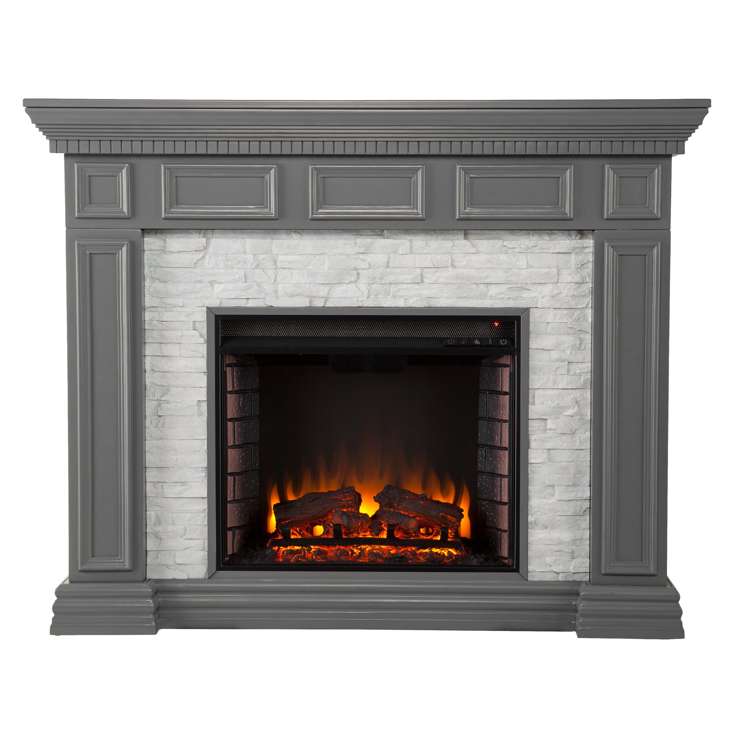 Southern Enterprises FE1095959 50-in W Gray with gray faux stone Free standing Fan-forced Flat wall Electric Fireplace with Remote Control Included