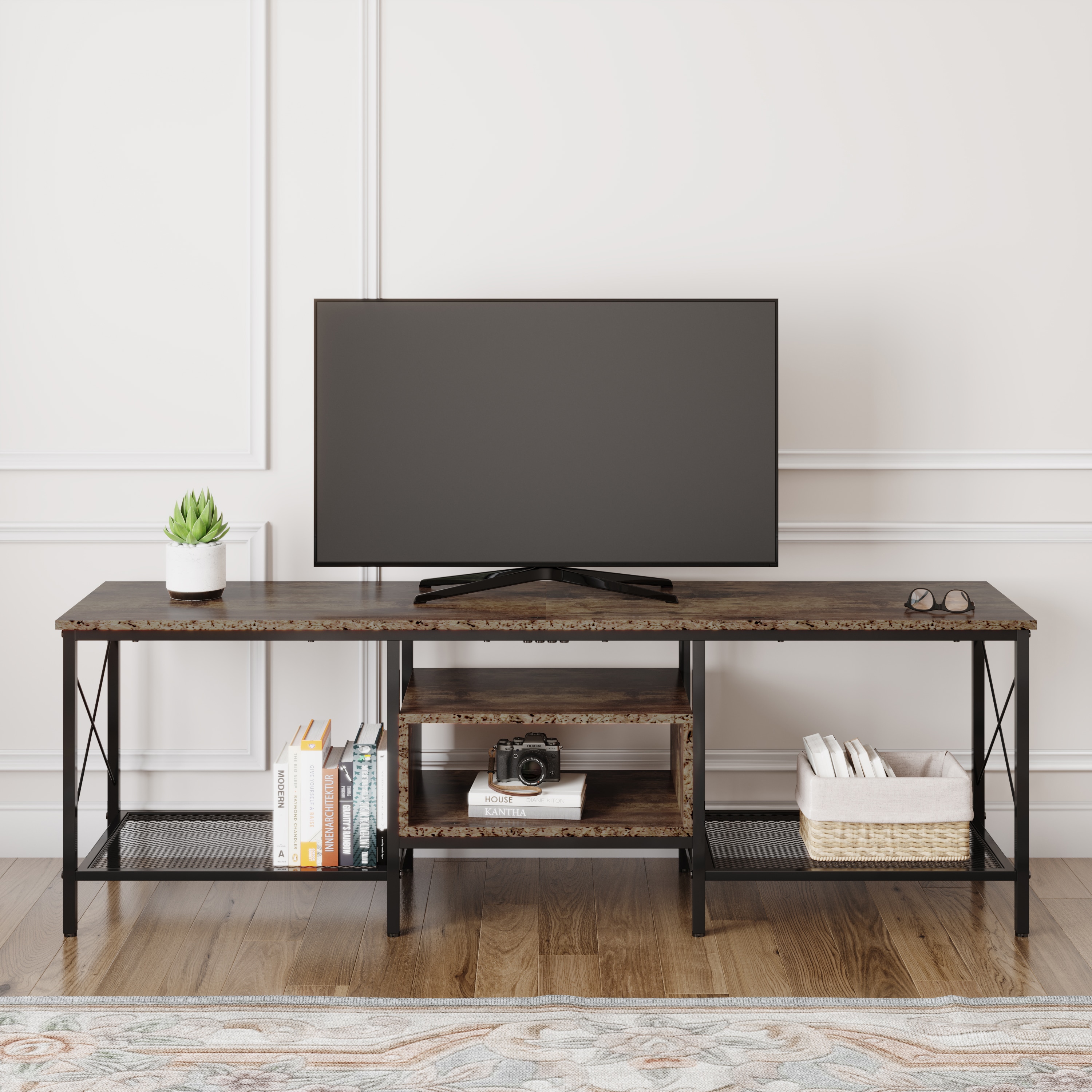 Dreamsidea TV Stand Industrial Open Design with Metal Frame Wood