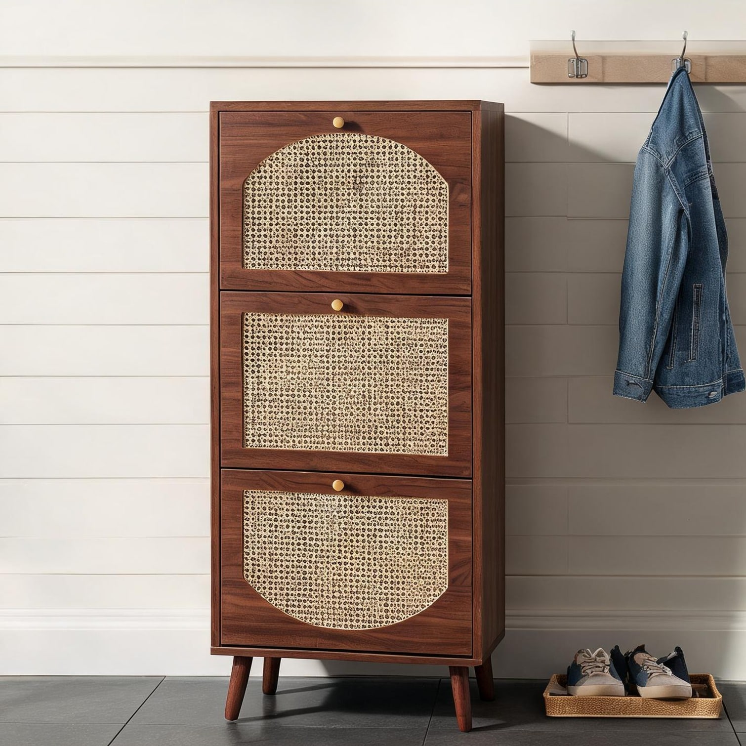 Naturefalls 3-Drawer Shoe Storage Cabinet with Rattan Panels 54x24x135 cm Brown #MRDA426X19H4