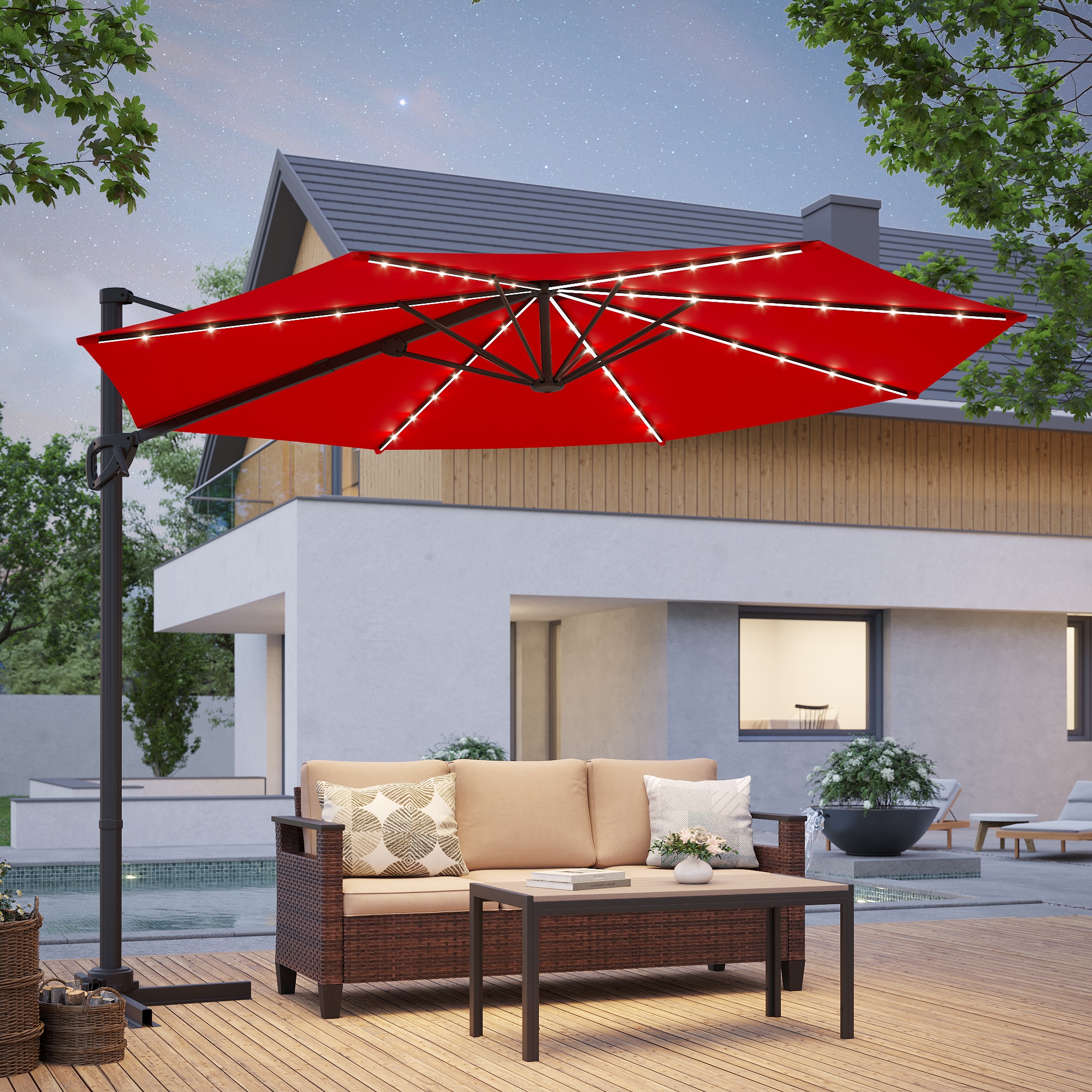 ACEGOSES LW-LED-JC12R 10-ft Steel Red No-tilt Cantilever Patio Umbrella with Lights
