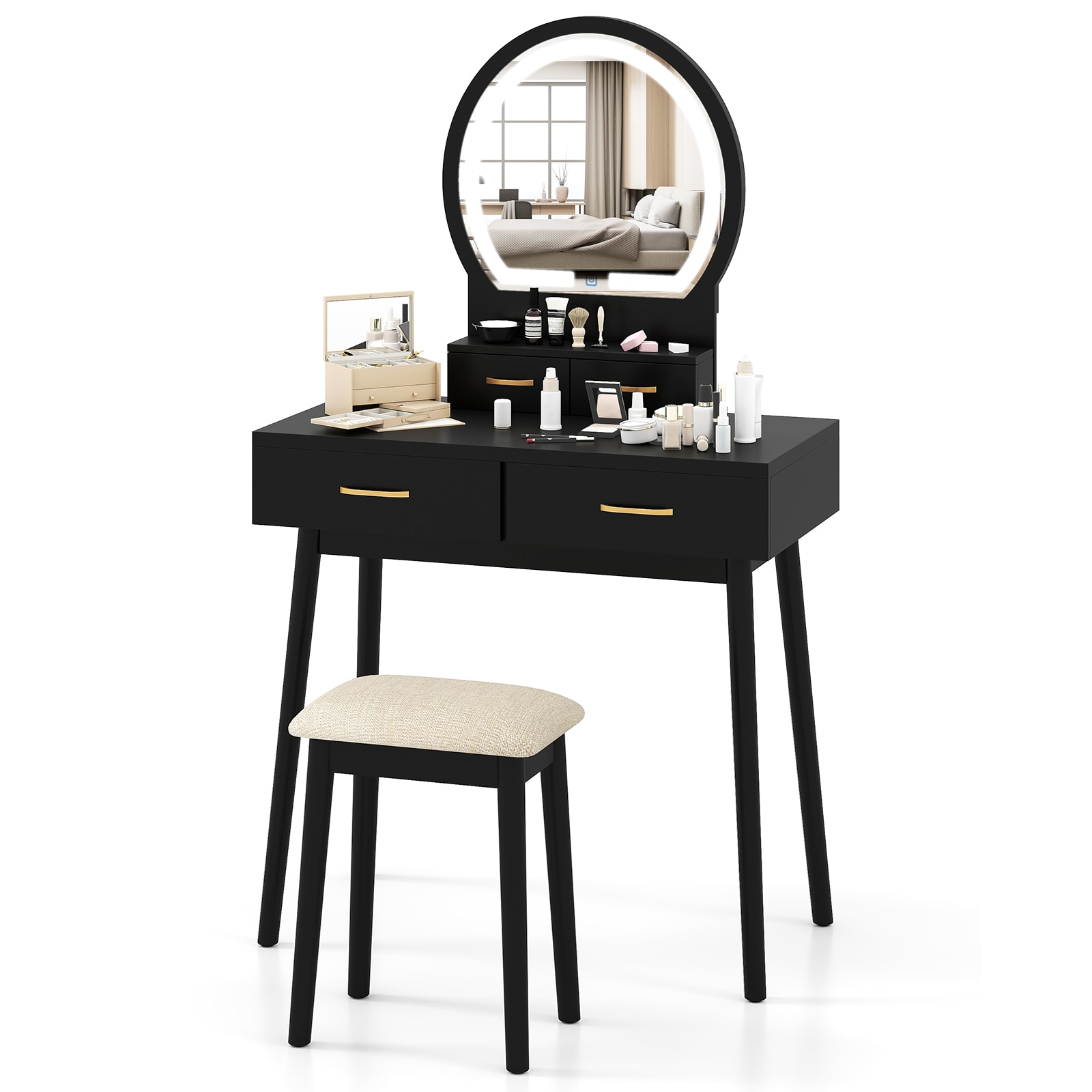 Costway - Small Vanity Desk with Mirror and Lights Cushioned Stool 3 Adjustable Lighting Colors ...