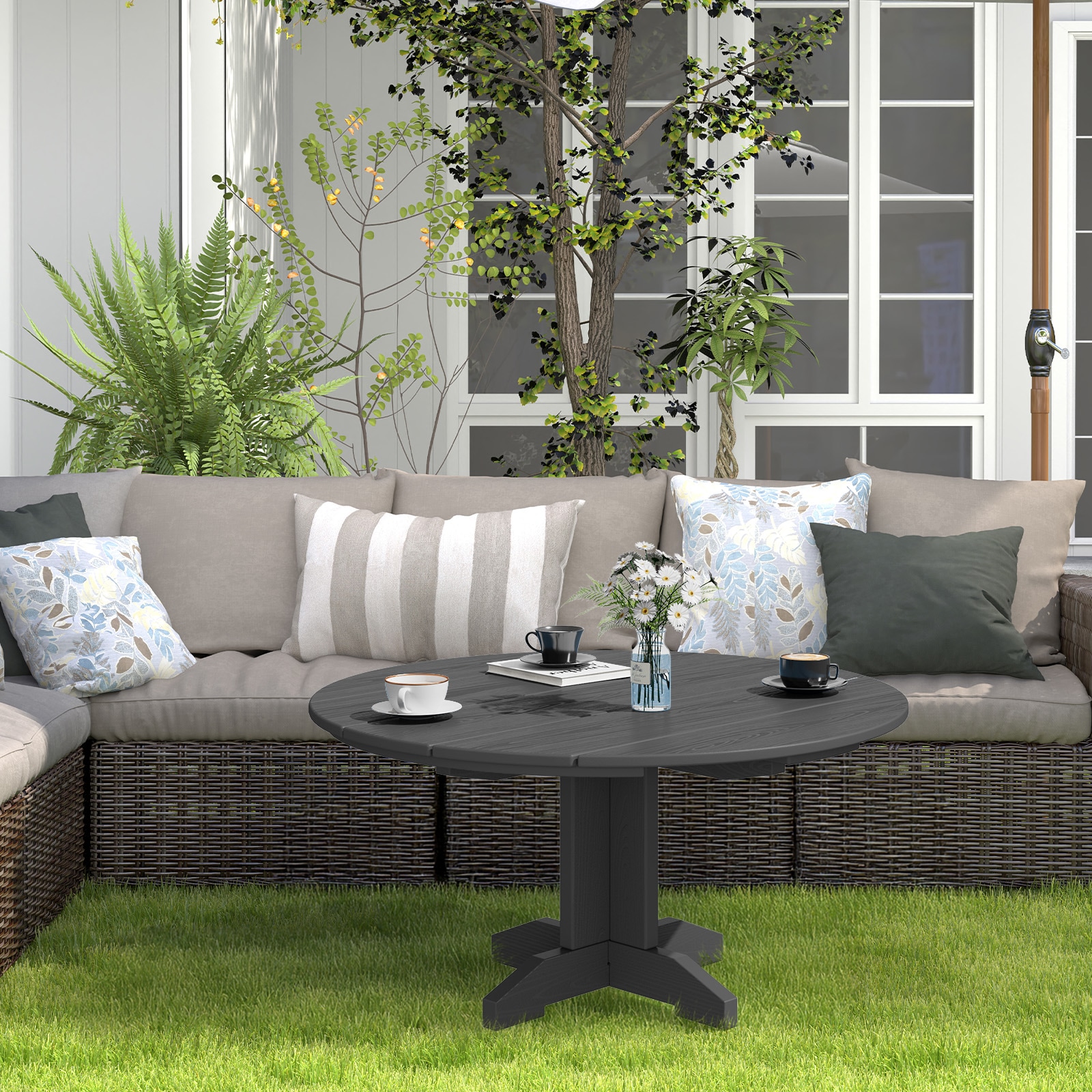 VOUA TPHJ-GY HDPE All-Weather Coffee Table Round Outdoor Coffee Table 35.8-in W x 35.8-in L