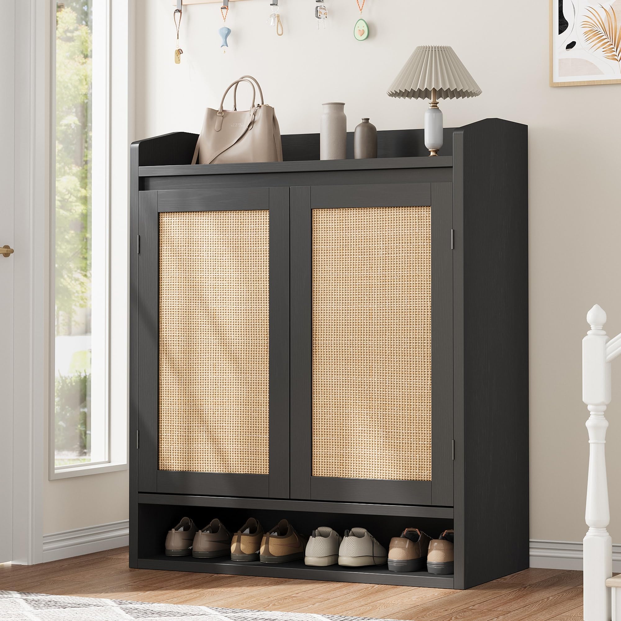 Garvee  Rattan Shoe Cabinet Boho Wooden Shoe Storage Organizer with Adjustable Shelves for Entryway Hallway Living Room Closet