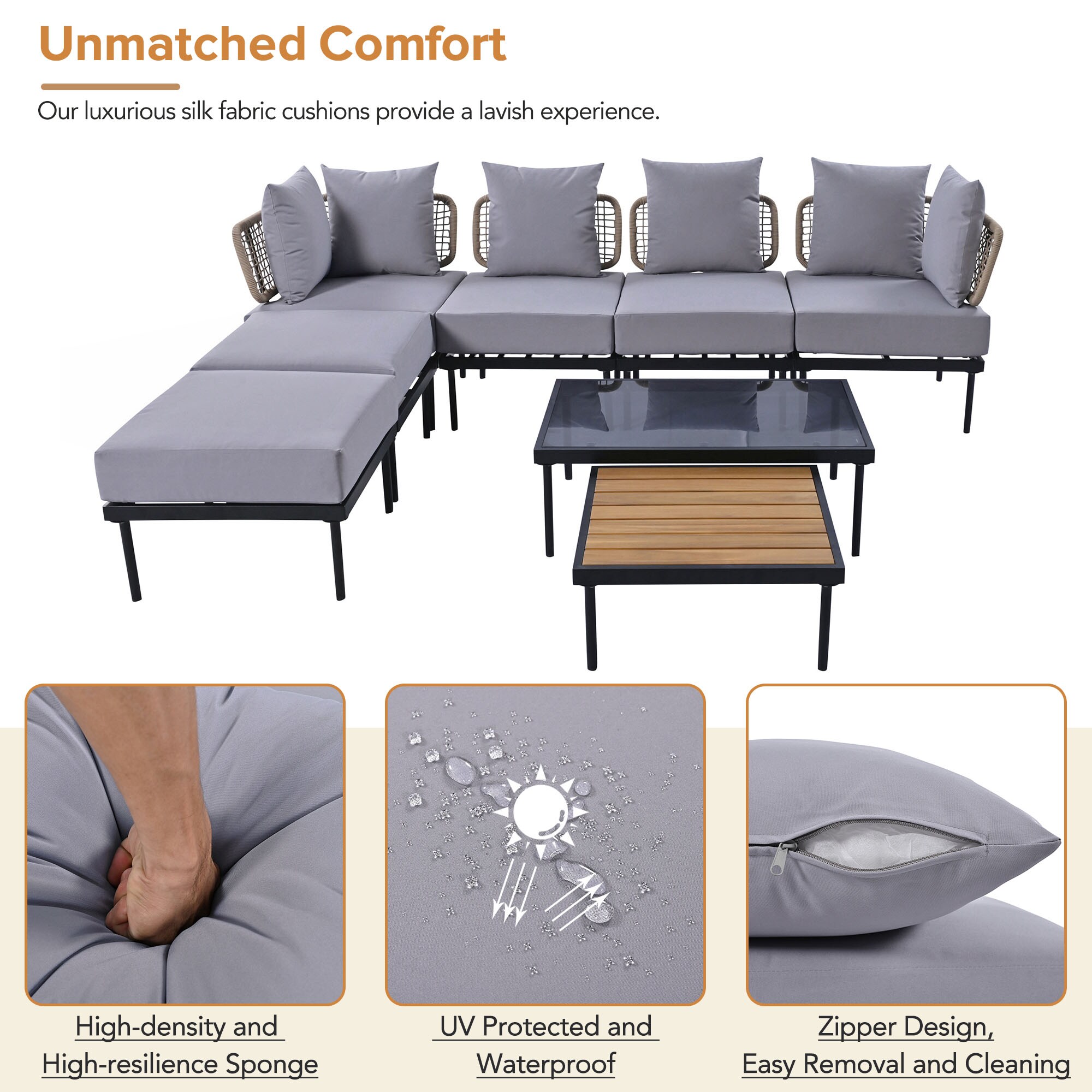 8-Piece Light Grey Steel Patio Sectional Sofa Set with Cushions