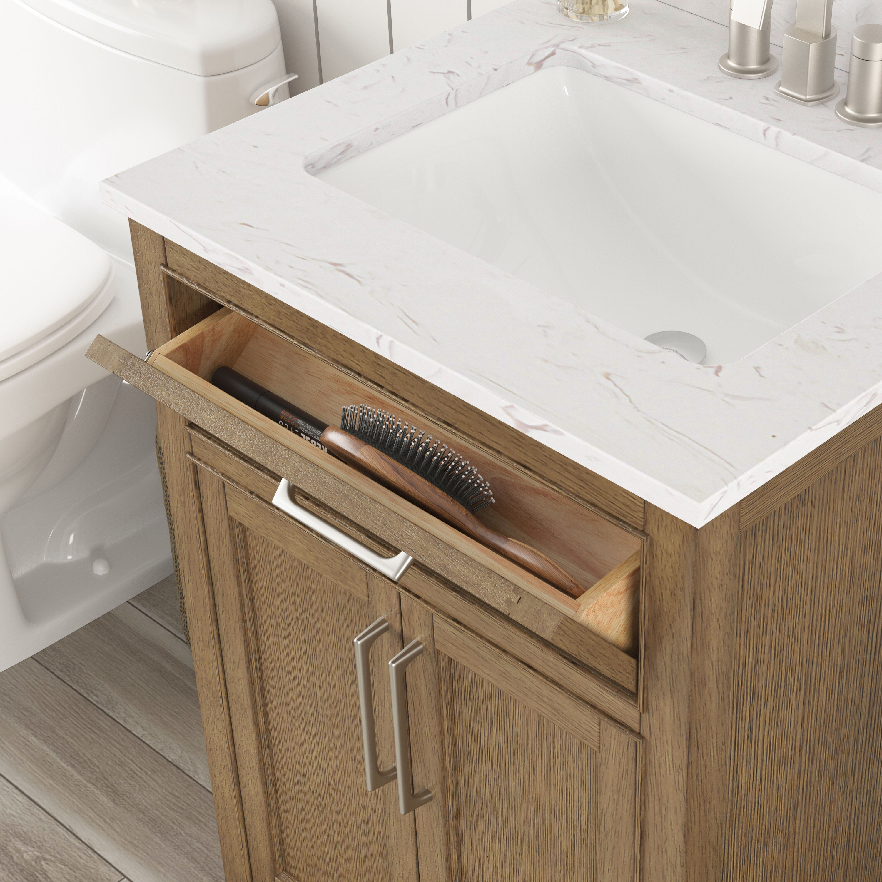 allen + roth Connery 24-in Warm Oak Undermount Single Sink Bathroom Vanity with White Engineered Stone Top