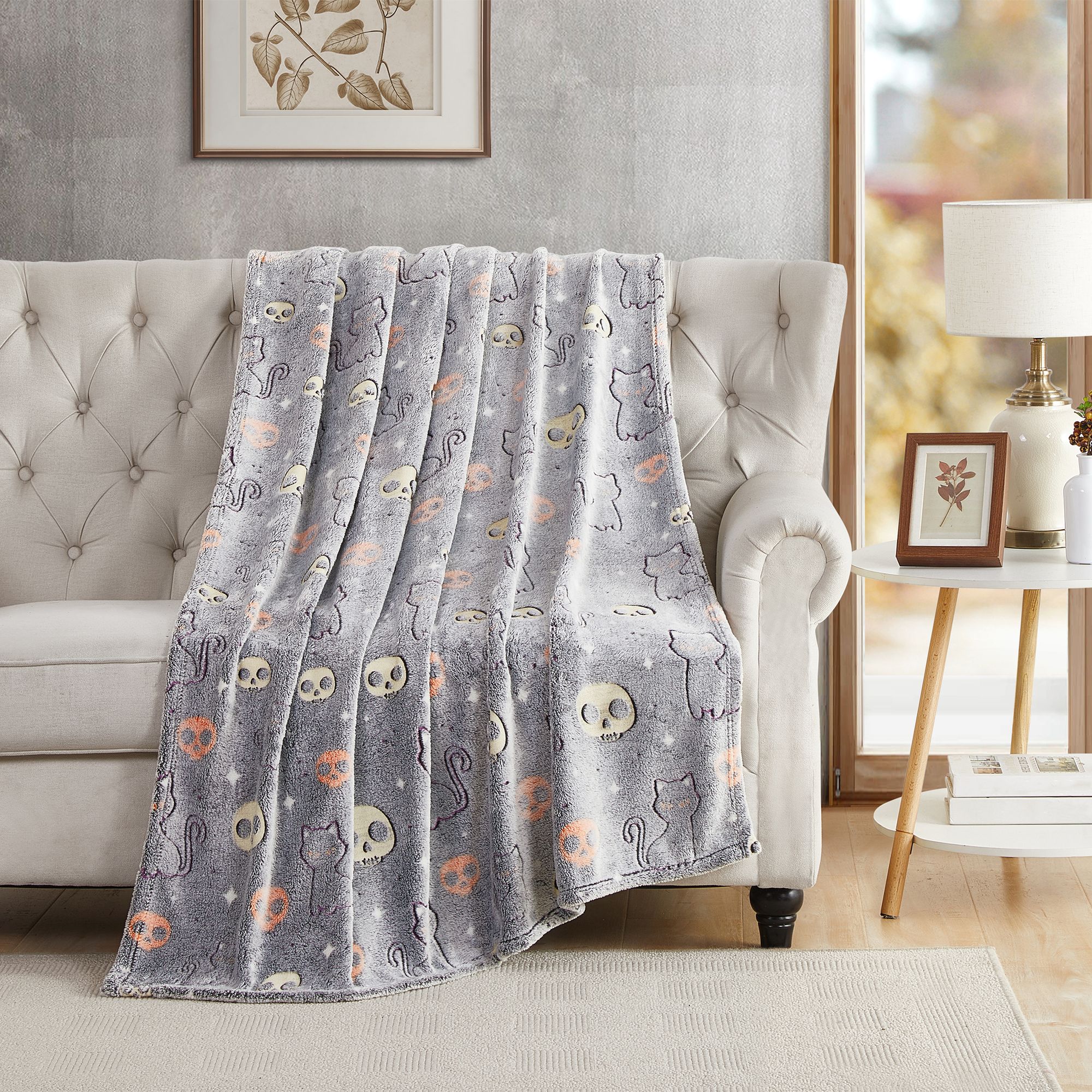 KATE AURORA Halloween Glow In The Dark Spooky Cats and Skulls Ultra Soft and Plush Oversized Throw Blanket 50 in W x 70 in L