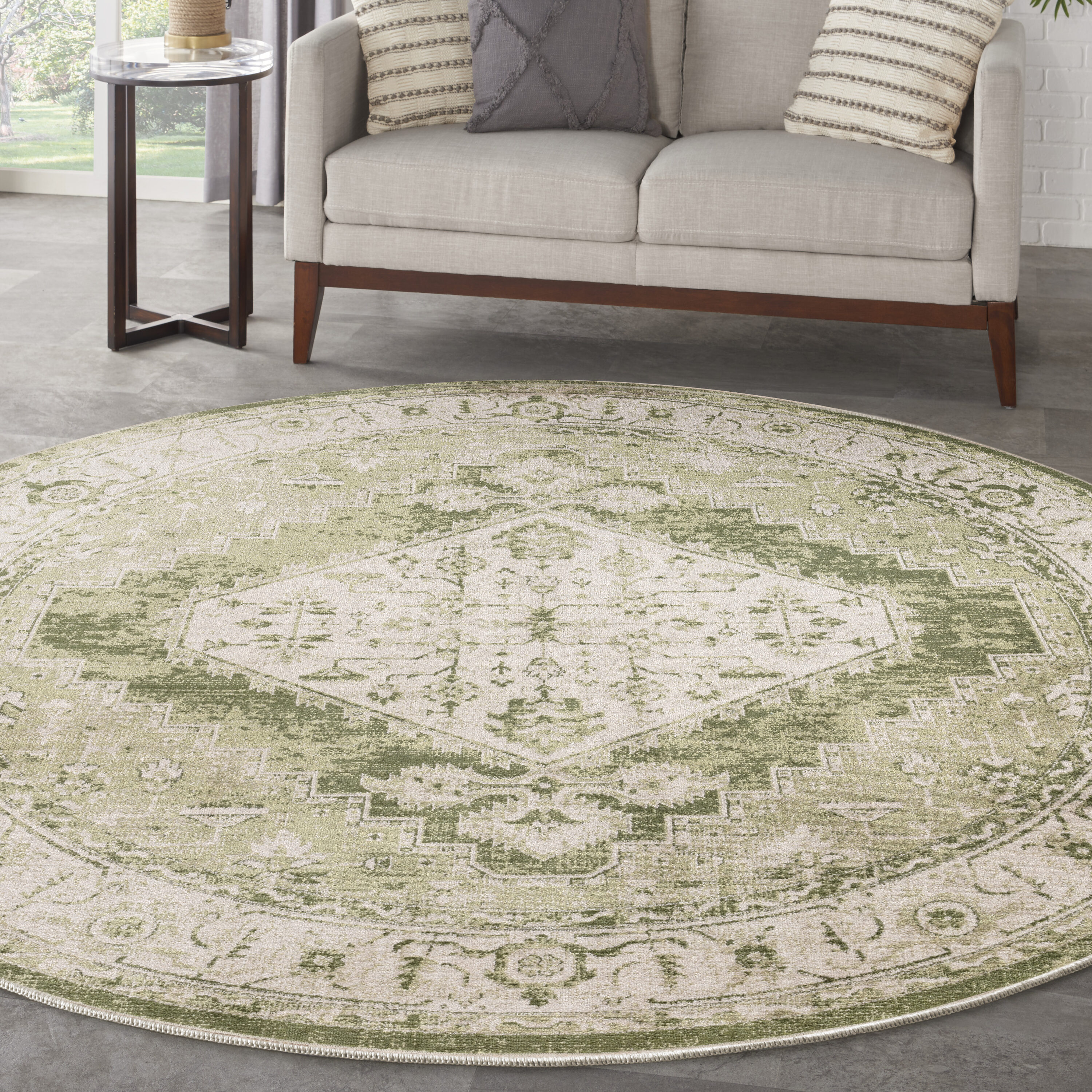 Nourison Home 099446964113 Astra Machine Washable 5 x 5 (ft) Loomed Polyester Ivory Green Round Indoor Medallion Persian Machine washable Area rug