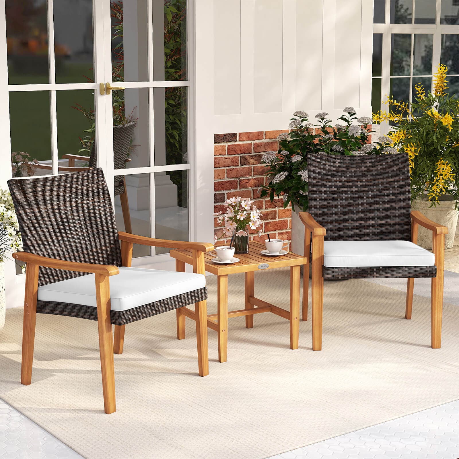 Costway  3 PCS Patio PE Wicker Furniture Set with Coffee Table and Cushions for Front Porch