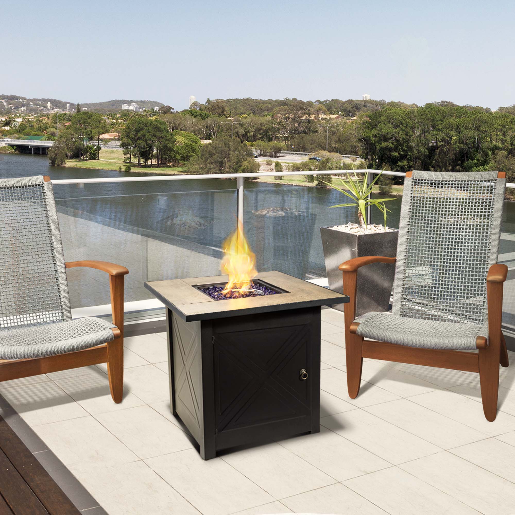 Black Steel Square Propane Fire Pit Table with Ceramic Top
