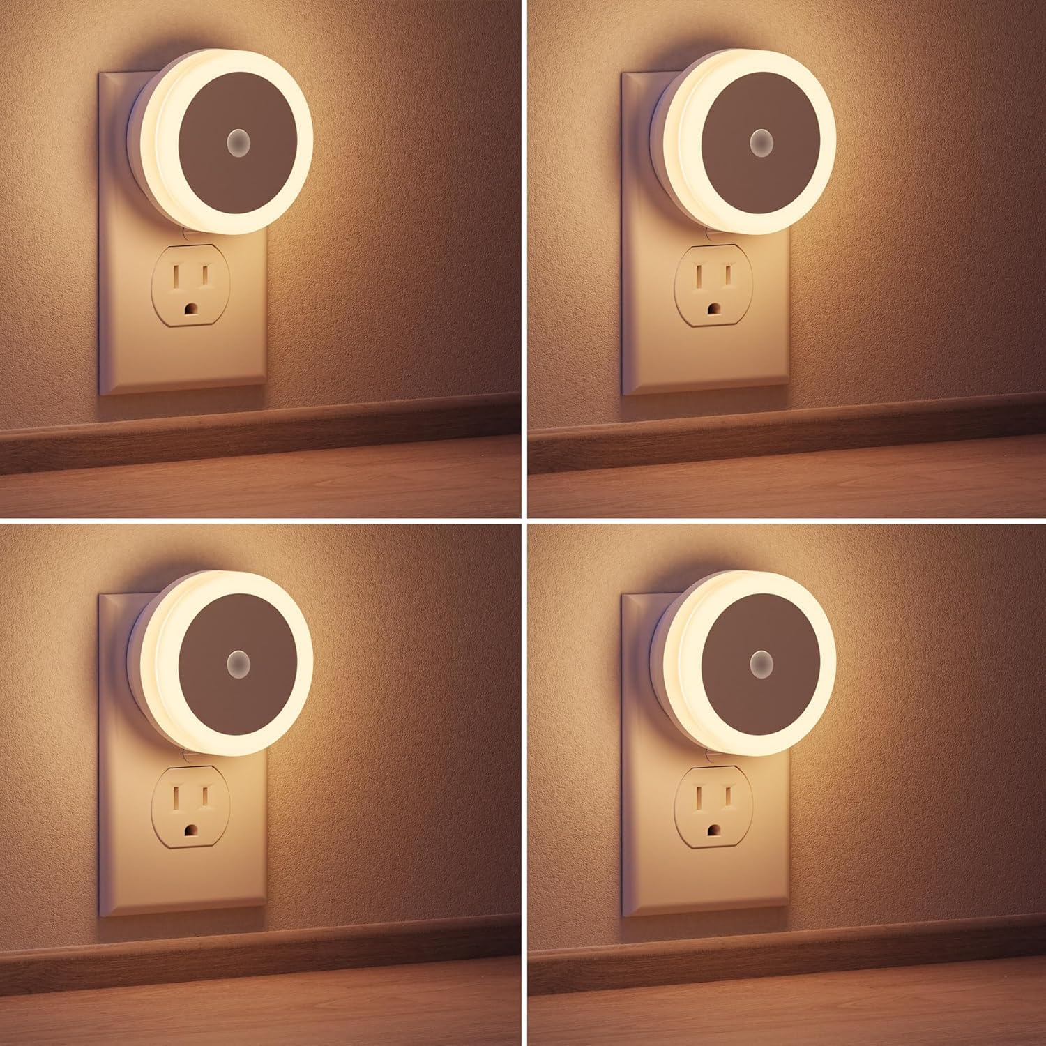 Vrbgify  LED Night Lights Plug into Wall 4 pack Light Sensor Warm White for Kids Room Bathroom Hallway Stair Energy Efficient Safe Compact Design