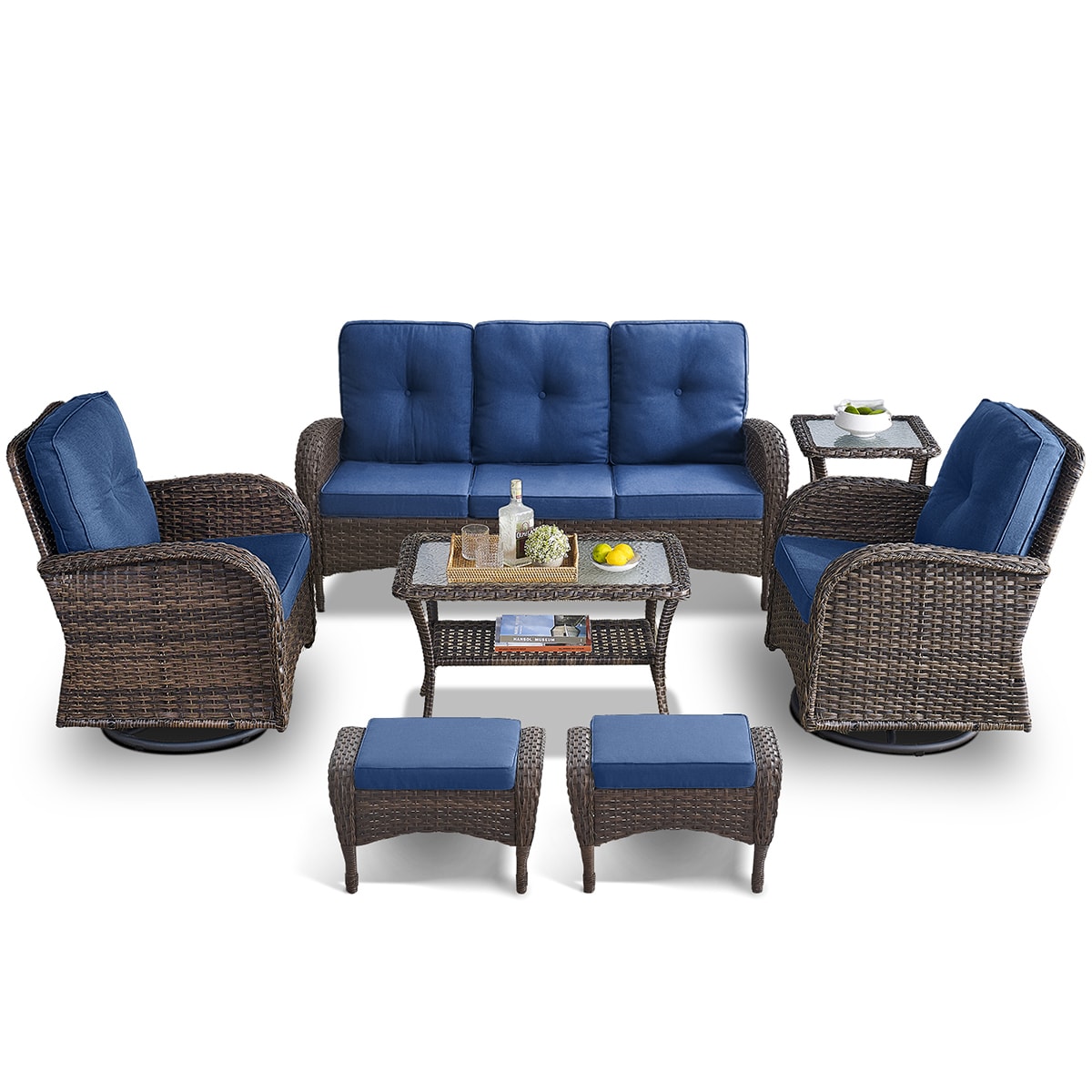 Rilyson FS114116R50085-1 7 -Piece Wicker Patio Sofa Conversation Set with Blue Cushions