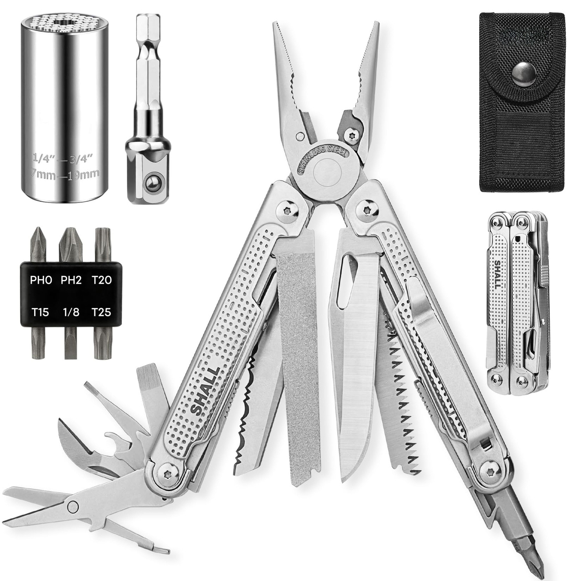 Angel Sar 18 in 1 Multitool Pliers Stainless Steel Multi Tool Pocket Knife with Screwdriver Bit Universal Socket for Camping Fishing Survival Hunting