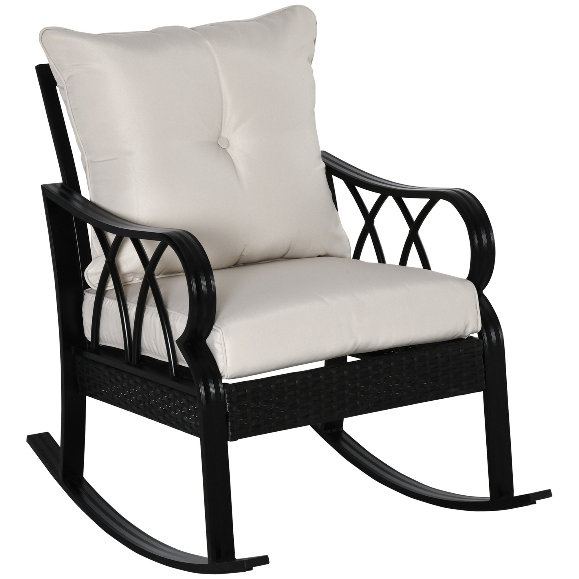 Miki Shinly AB-4018-185JJ Outdoor Patio Chair Rattan Khaki Steel Frame Rocking Chair with Tan Cushioned Seat