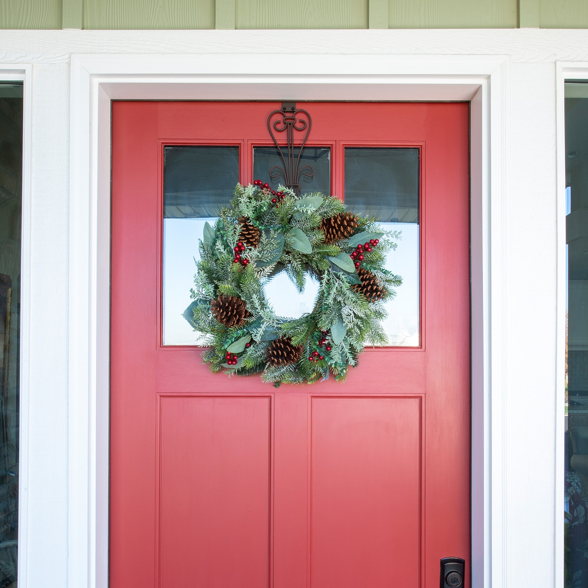 24-Inch Pre-Lit Pine Christmas Wreath with Red and Green Ornaments