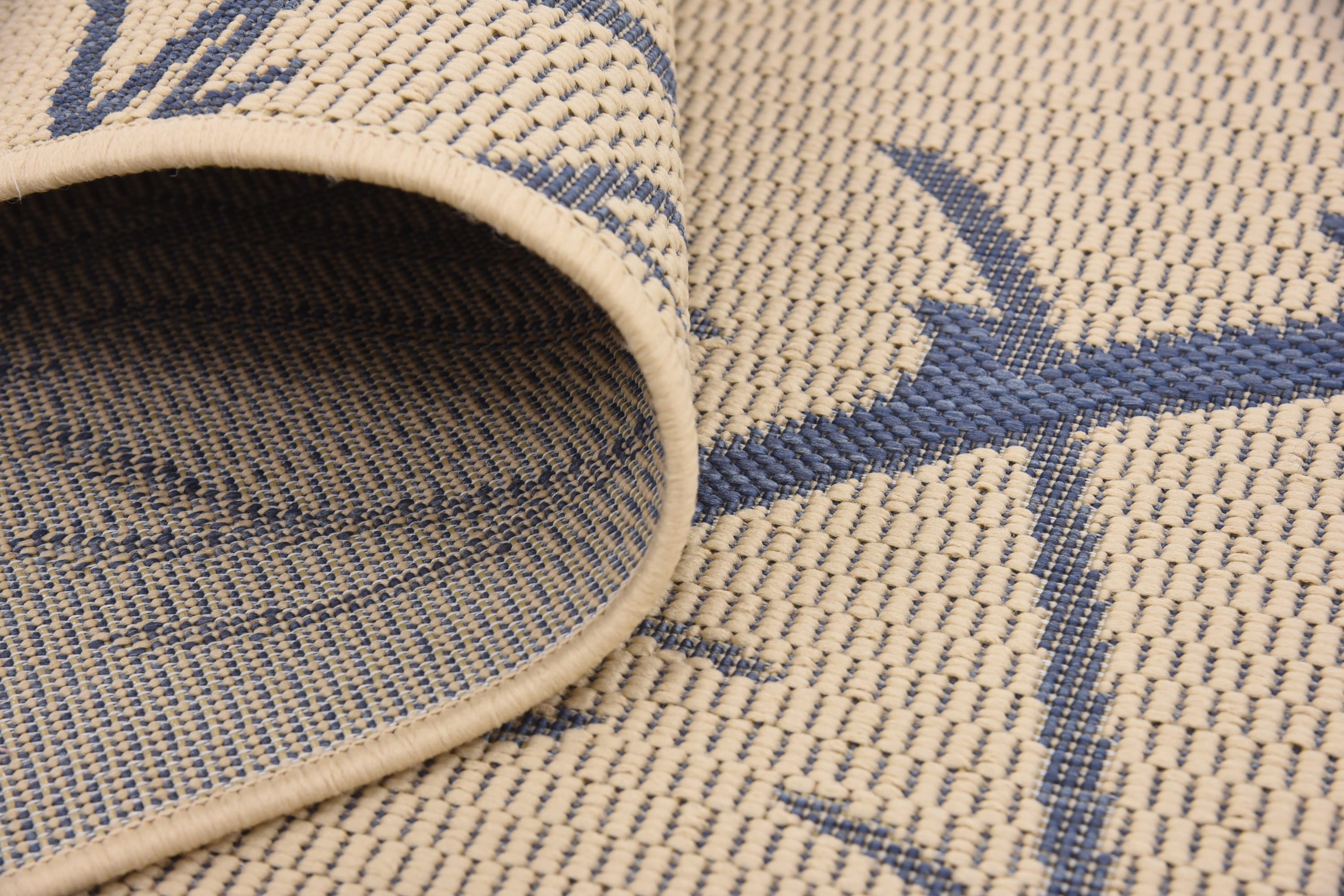 Beige and Navy Blue 9' x 12' Abstract Outdoor Rug