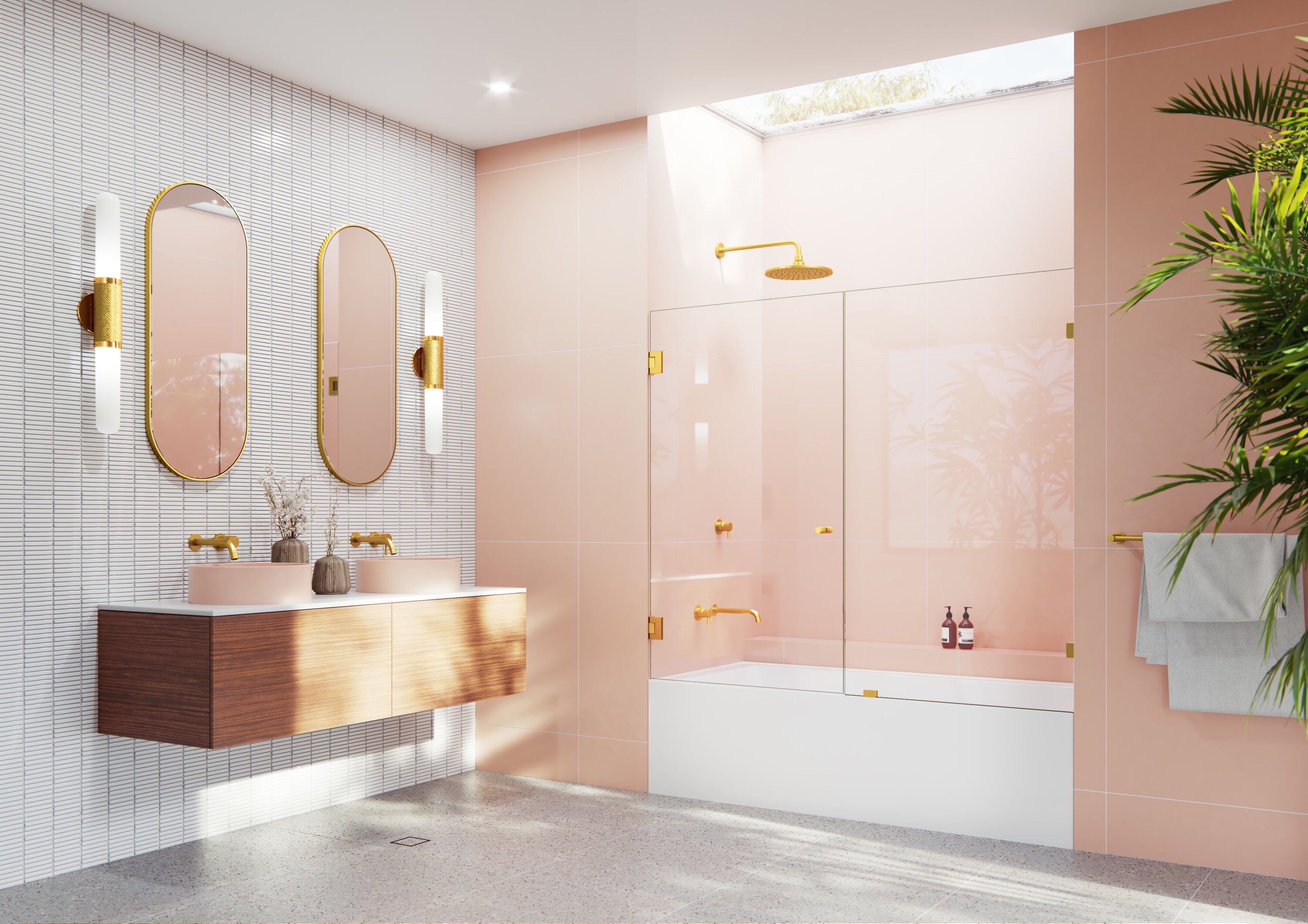 Glass Warehouse Illume Satin brass 65-in to 65-1/2-in W x 58.25-in H Frameless Clear Glass Pivot Bathtub door