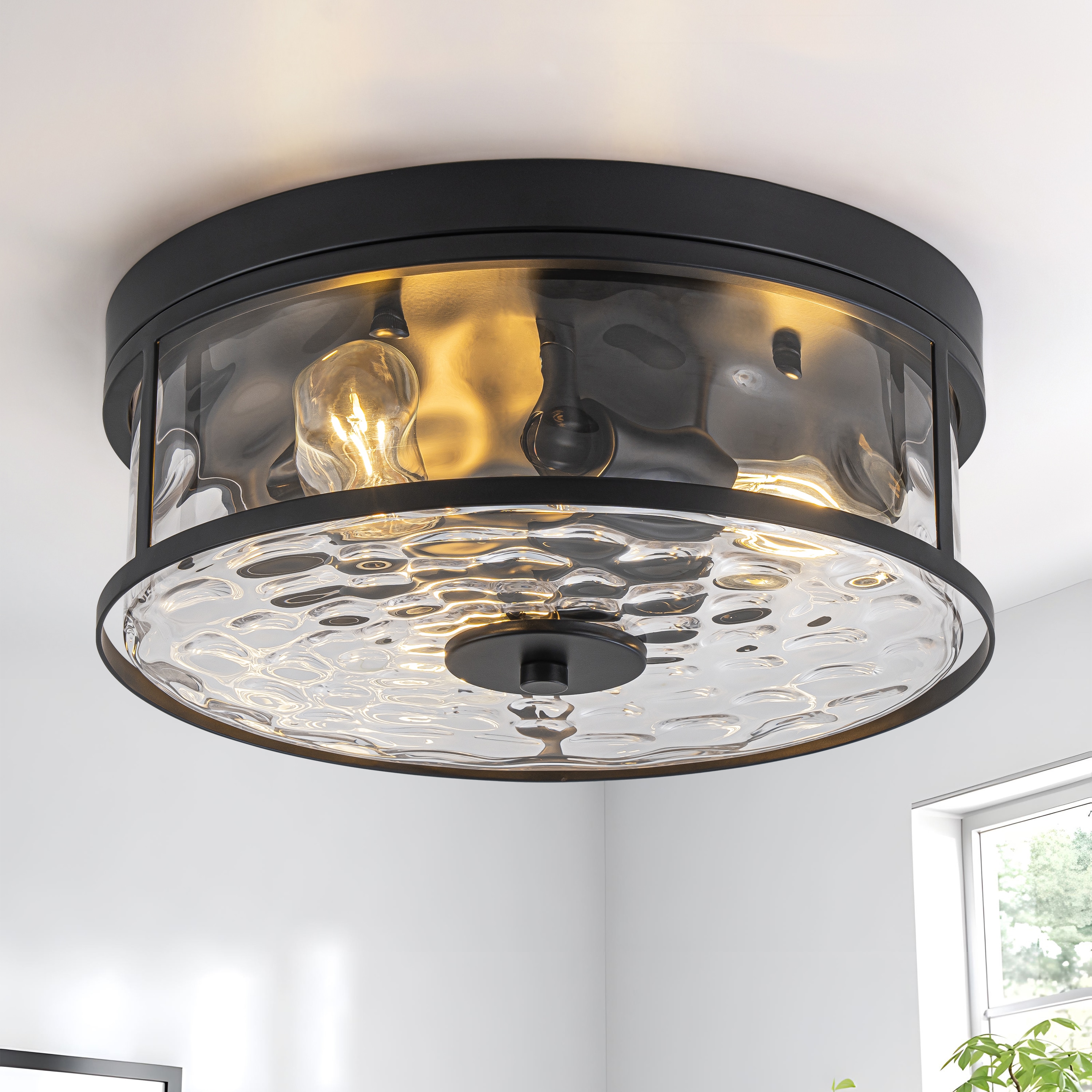 GoYeel 12.6-in Black Indoor 3 -Light Flush Mount Light with Hammered Glass