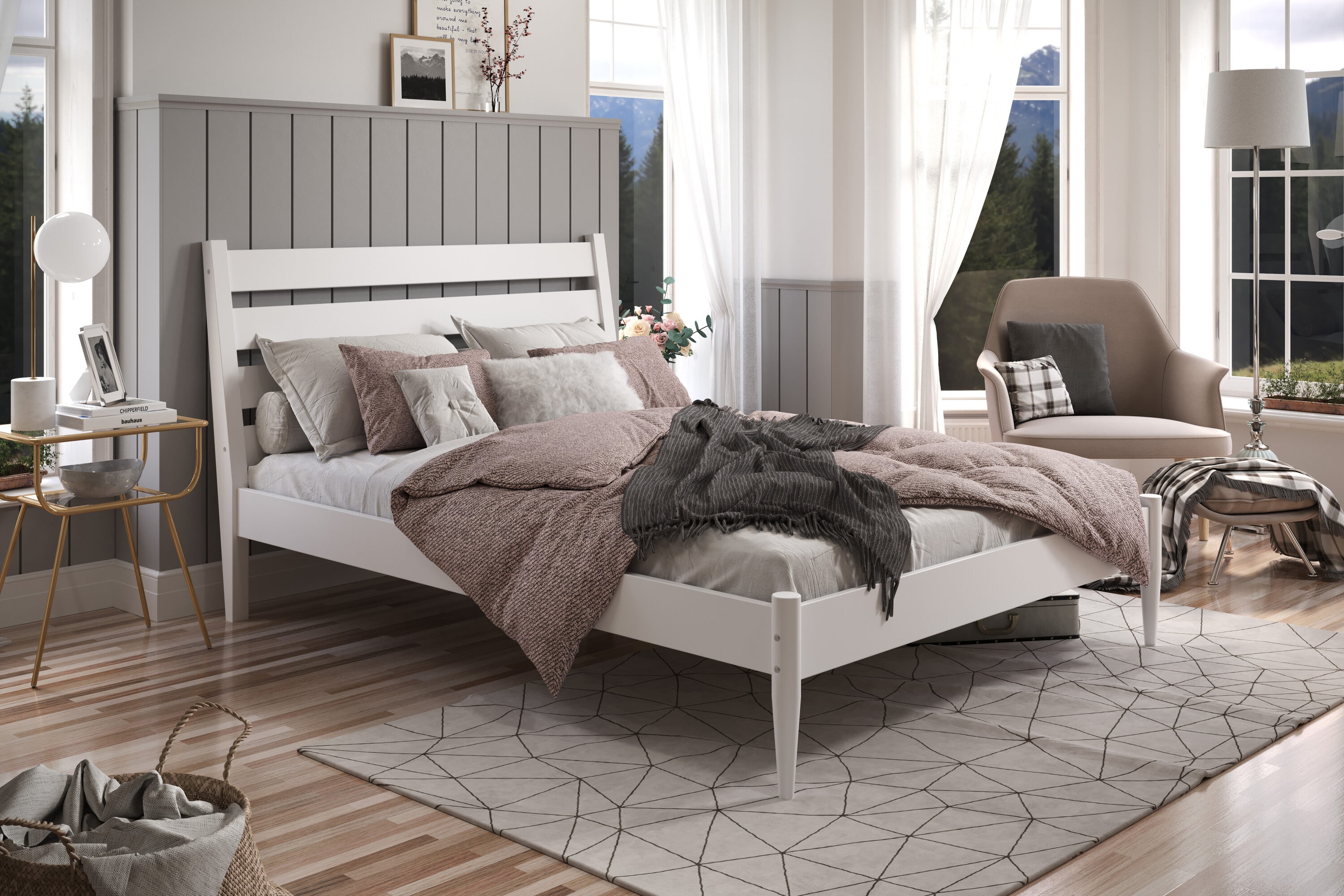 White Pine Wood Queen Platform Bed with Upholstered Headboard