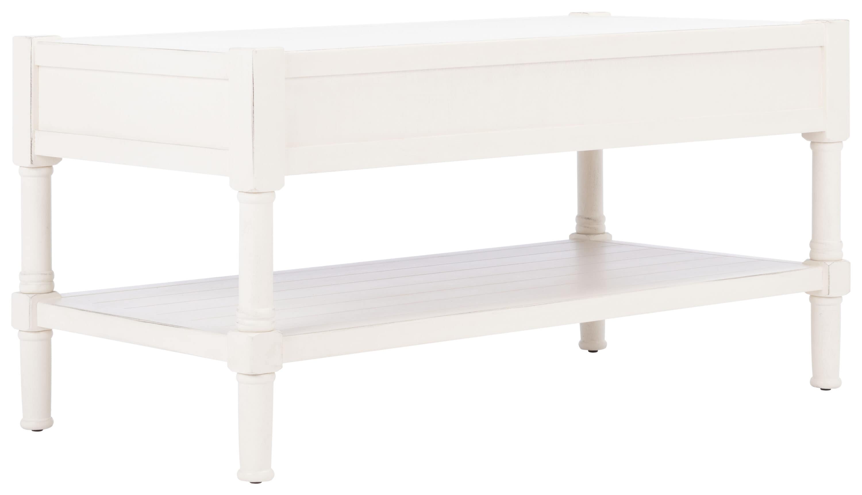 Distressed White Rectangular Wood Coffee Table with Storage