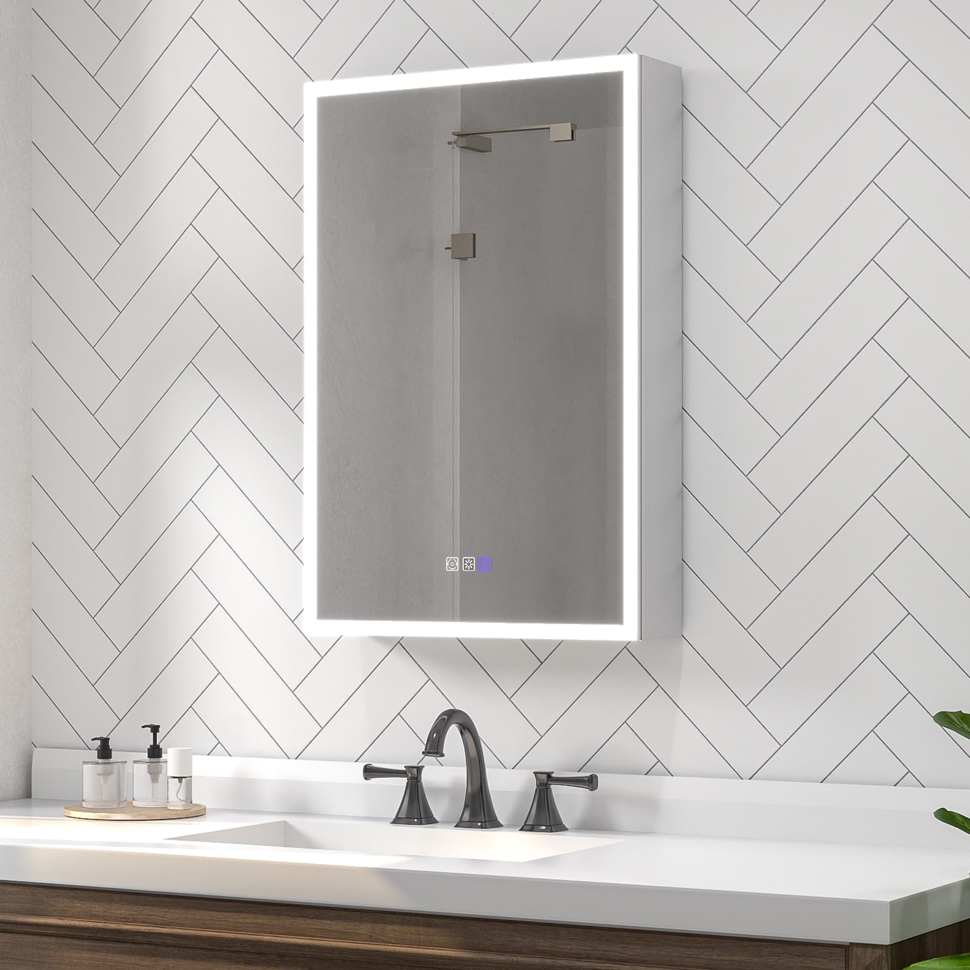 ExBrite 20-in W x 30-in H Lighted LED Fog Free Surface/Recessed Mount Silver Mirrored Rectangle Soft Close Medicine Cabinet with Outlet