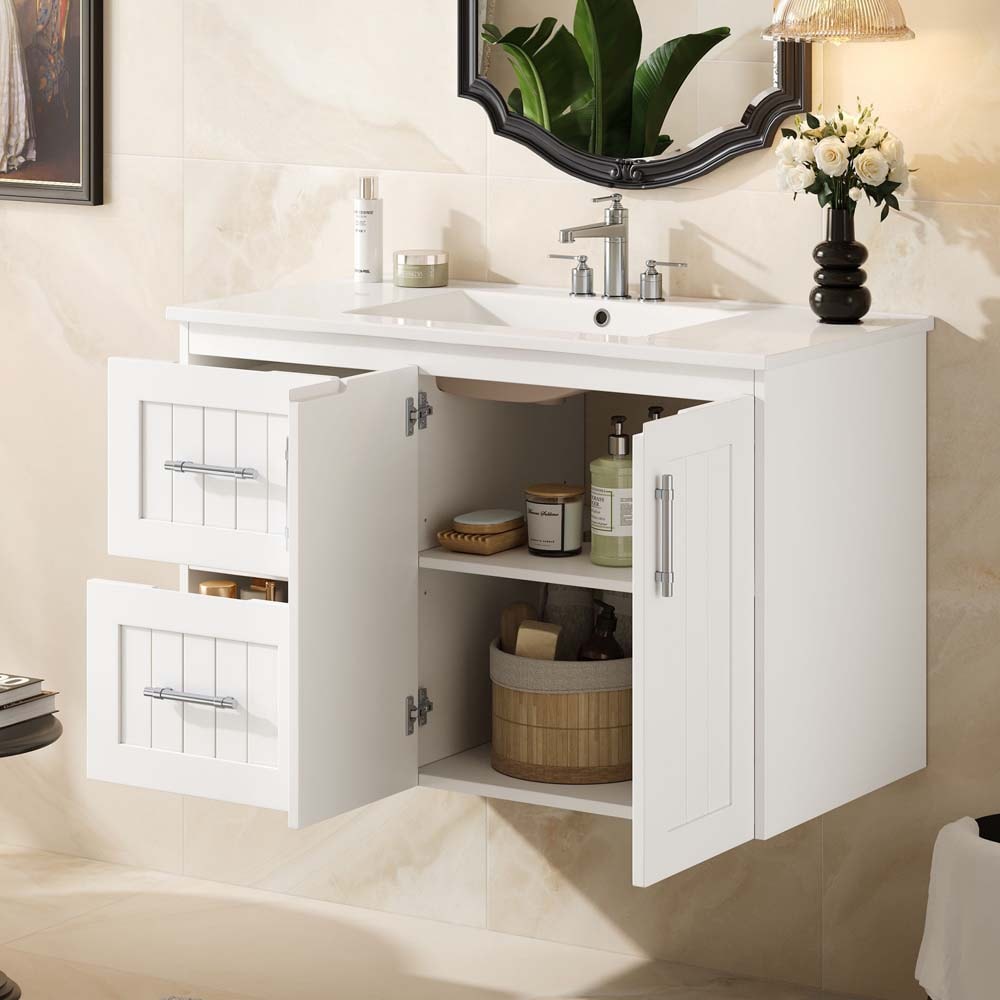 ModernLuxe Assembly Required 36inch Wall Mounted Bathroom Vanity Floating Bathroom Storage Cabinet with 2 Drawers 3 Holes Single Ceramic Sink Modern Cabinet with Adjustable Shelf