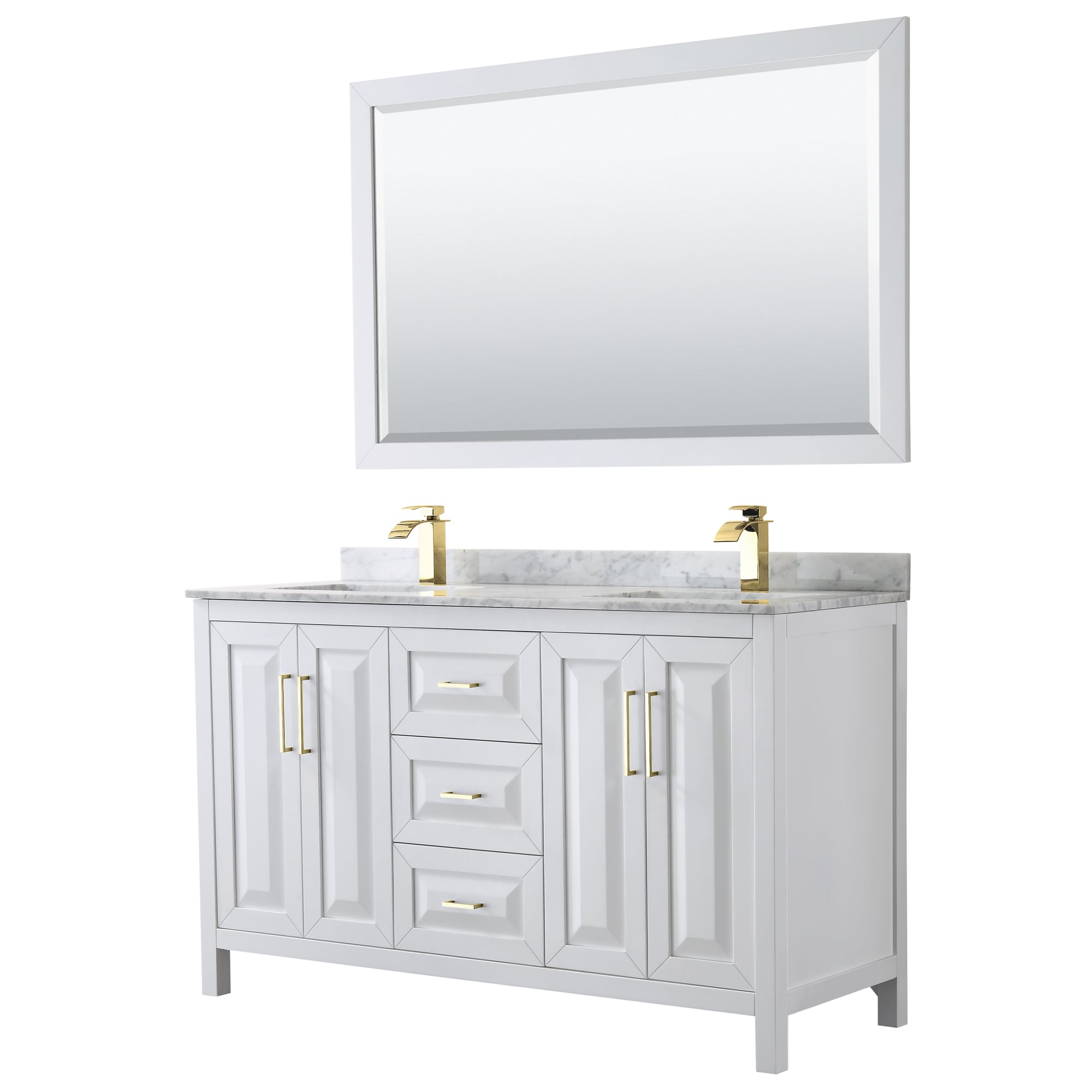Wyndham Collection WCV252560DWGCMUNSM58 Daria 60-in White with Brushed Gold Trim Undermount Double sink Bathroom Vanity with White Carrara Marble Marble Top (Mirror Included)
