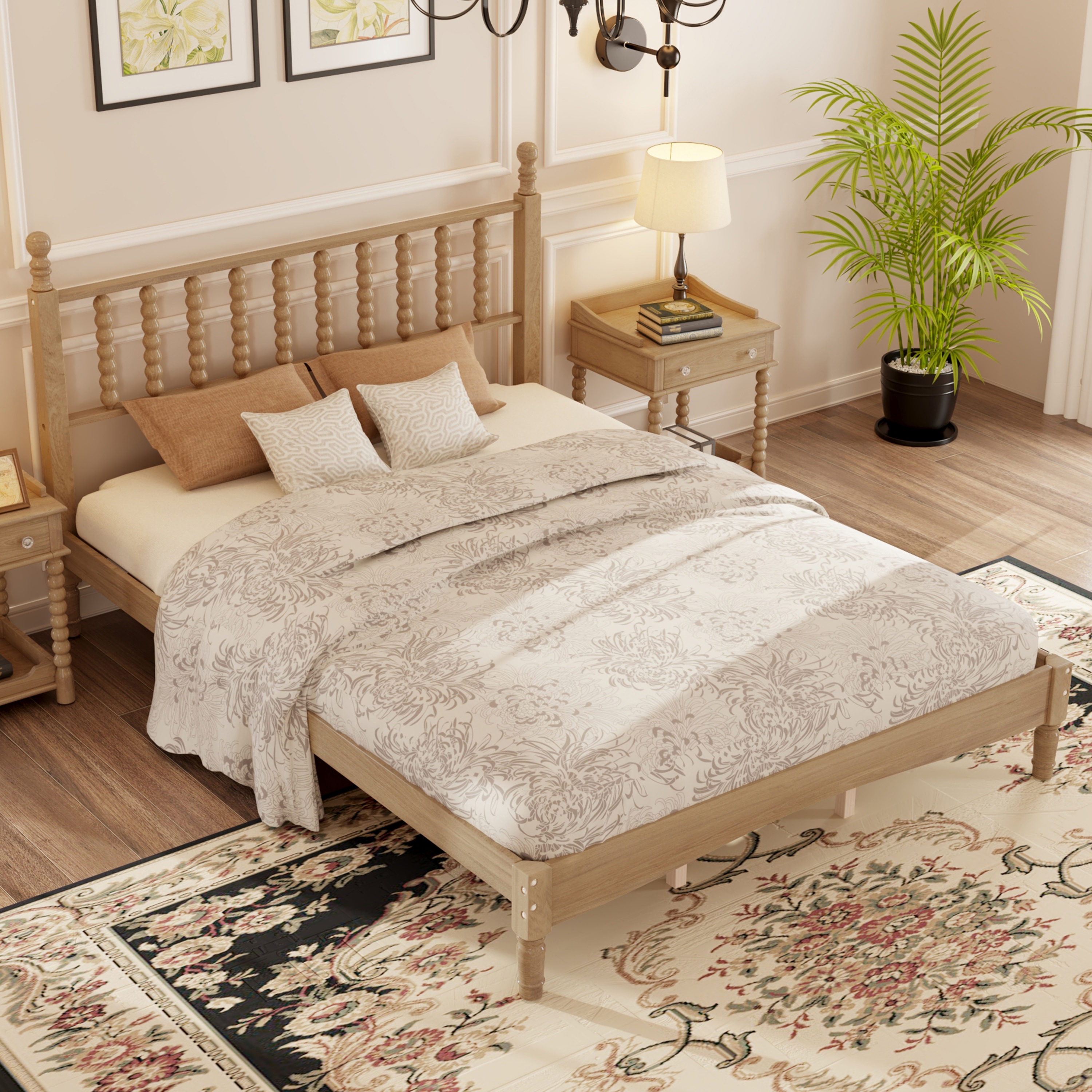 LOVMOR SF-R-N733P206242M Queen Size Wood Platform Bed with Gourd Shaped HeadboardRetro Style Platform Bed with Wooden Slat SupportNatural