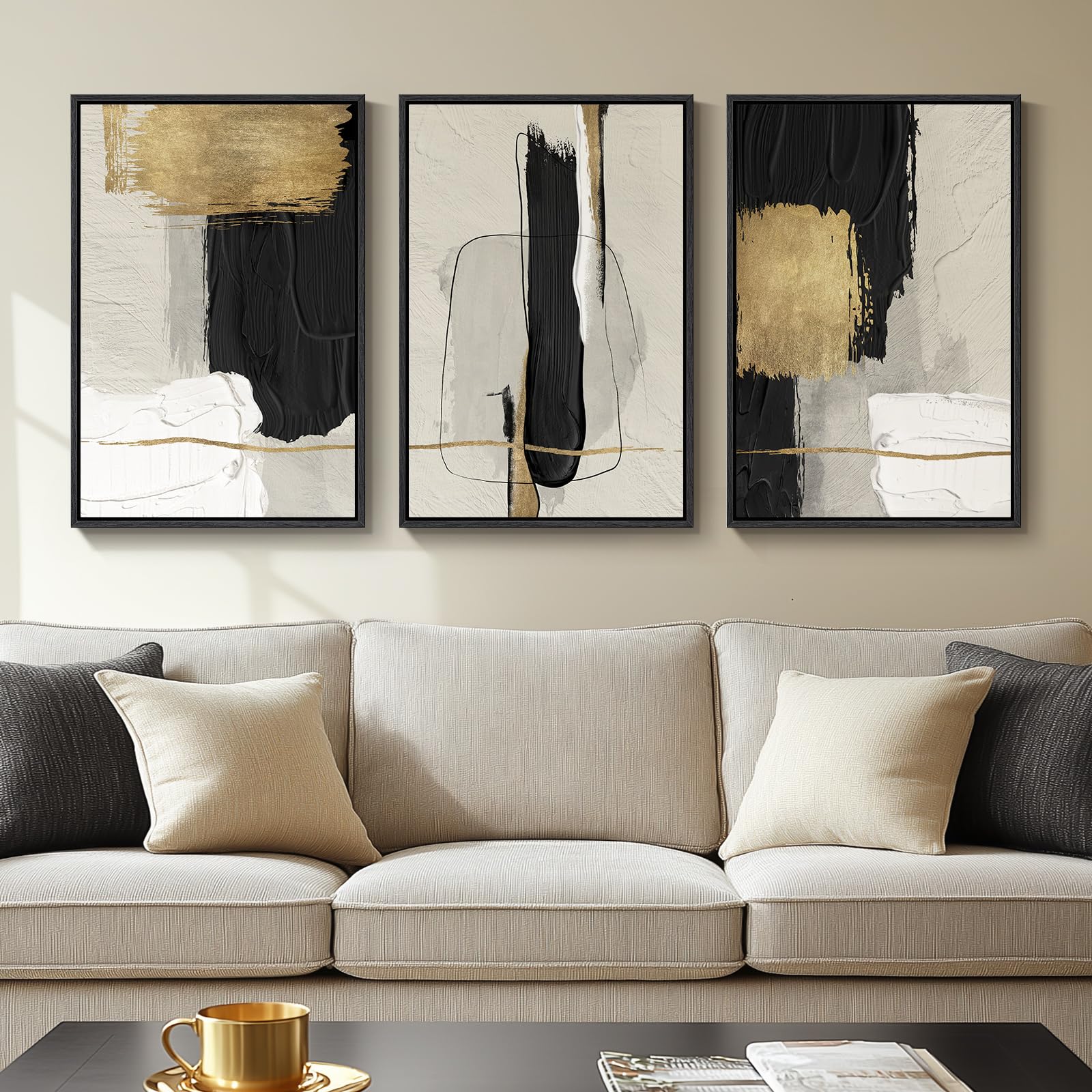 OMOMMD 3 Piece Large Framed Abstract Wall Art Set Modern Minimalist Canvas Prints for Living Room Hallway Office Decor