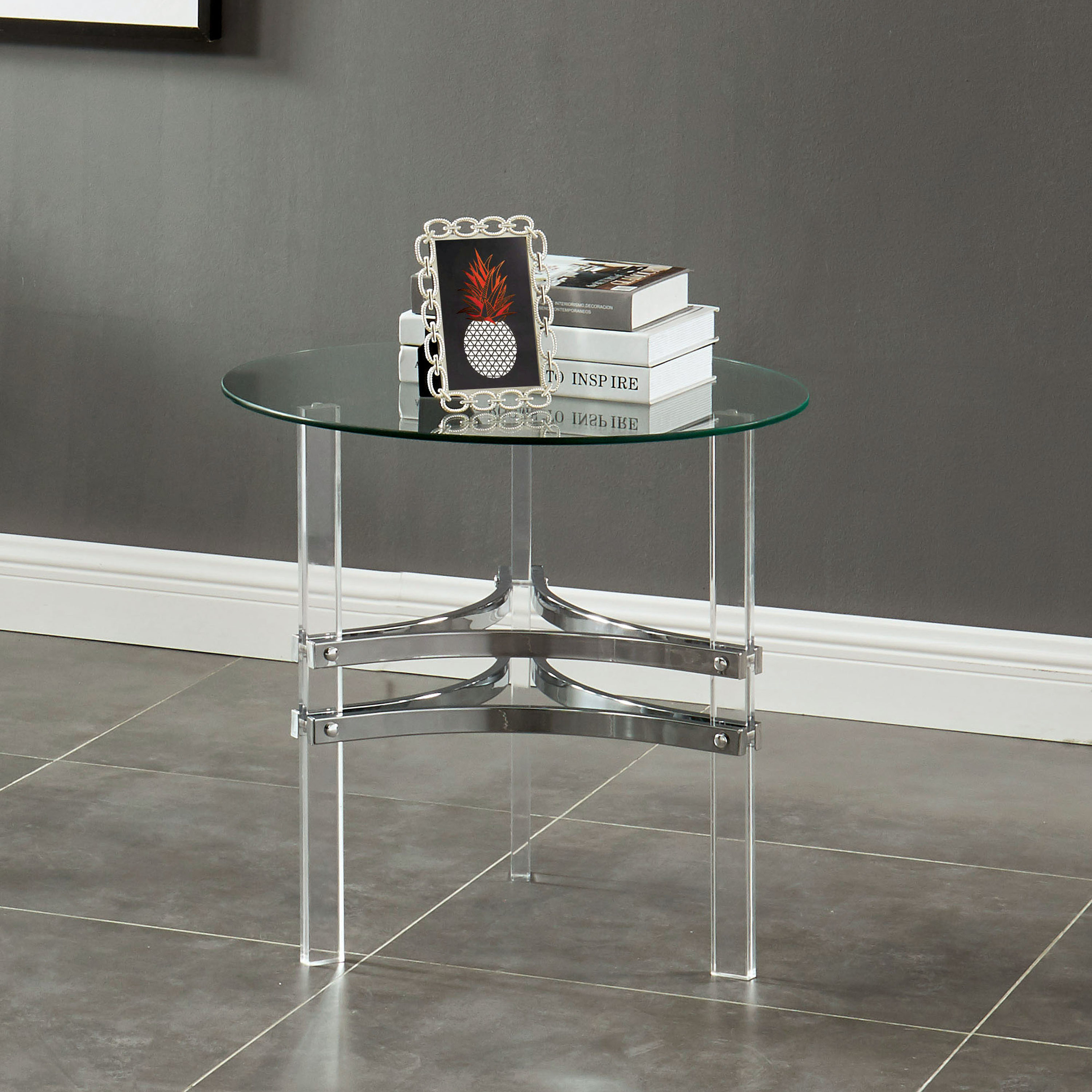 Furniture of America IDF-4350E Ocean Grove 23-in W x 24-in H Chrome and Clear Glass Round Modern End Table Assembly Required