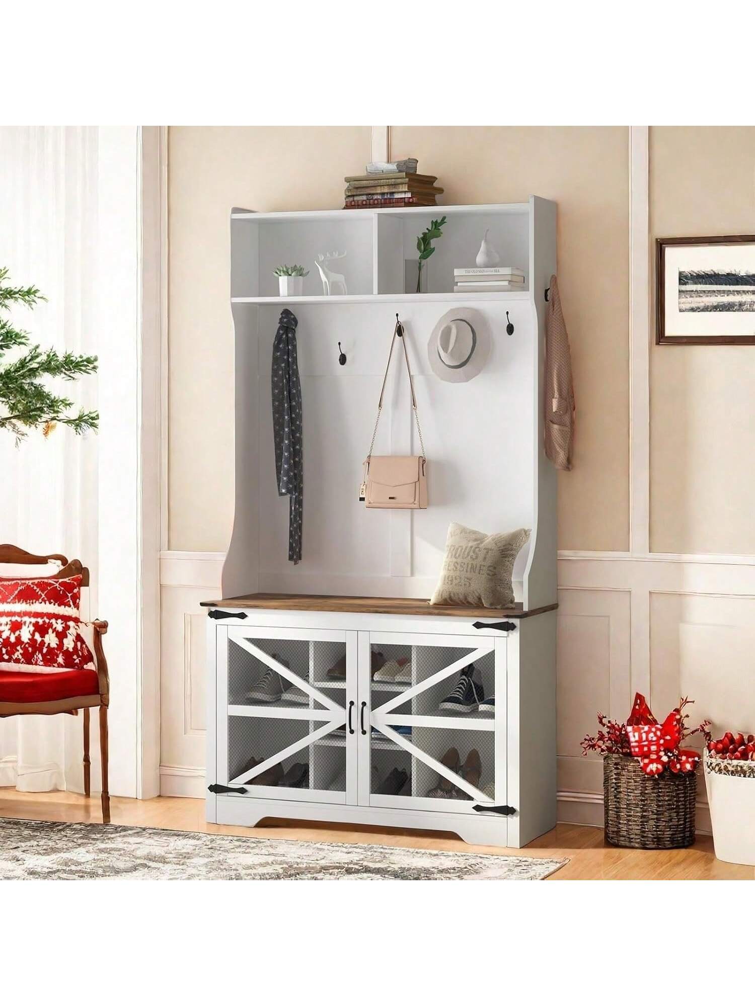 Qeetex PHO-14O2U65K-HF4 Hall Tree With Shoe Storage. 4-In-1 Coat Rack With 7 Shoe Cubbies and 7 Coat Hooks. Farmhouse Entryway Bench Mudroom Storage Cabinet For Hallway. 42Inch W X 15.7Inch D X 77Inch H. White