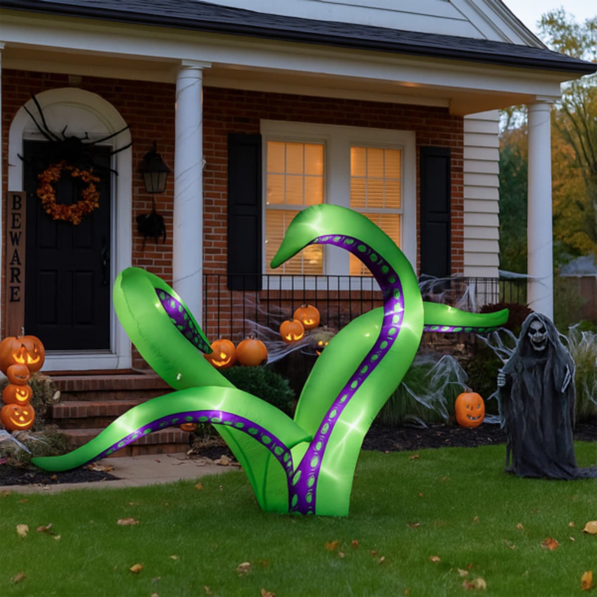 Zyerch 2Pack 6.9FT Halloween Inflatable Octopus Tentacles 12 White LED Lights Quick Inflation with RopesSuction Cups for WindowsRooftopsYard