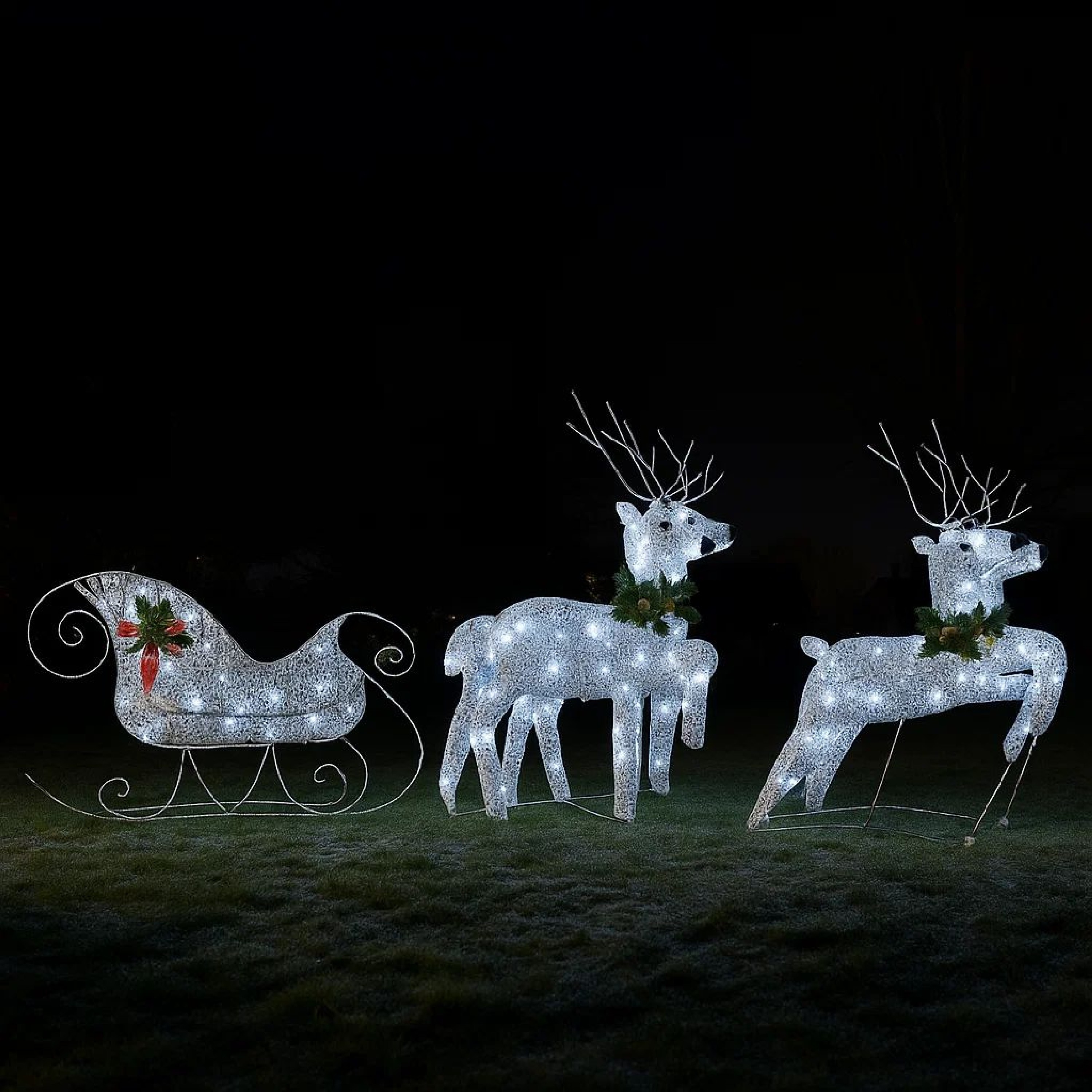 Benzara Outdoor Christmas Reindeer and Sleigh Decoration 60 Silver LED Lights