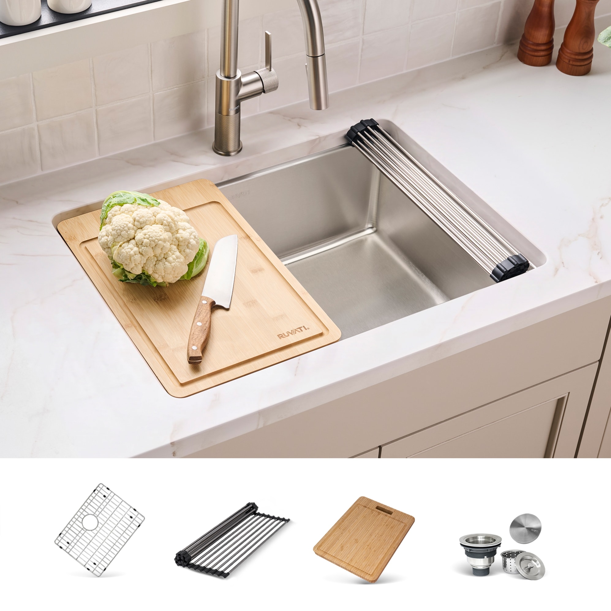 Ruvati Renaro Undermount 27-in x 19-in Stainless steel Single bowl 16 -Gauge Workstation Kitchen Sink #RVM5227