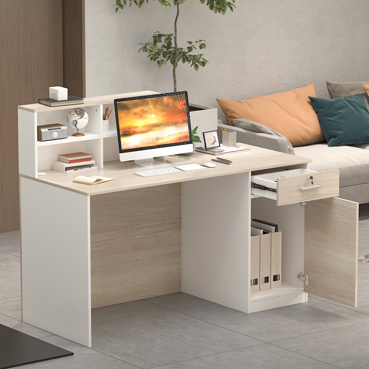 FUFU&GAGA 55.1 in. W x 43.3 in. H White MDF Computer Desk with a