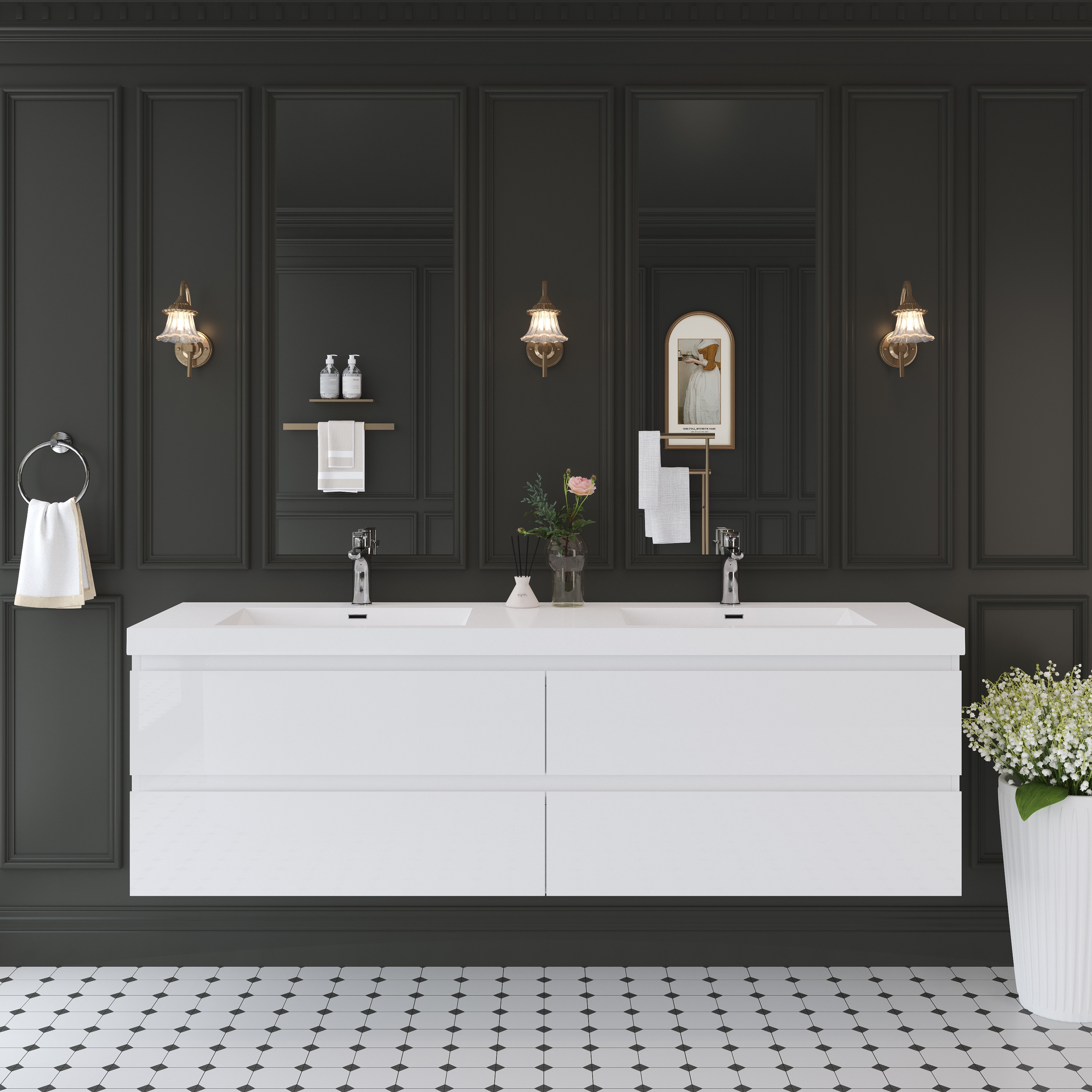 Iseryn YSG26903P15 72-in White Undermount Double Sink Floating Bathroom Vanity with White Solid Surface Top