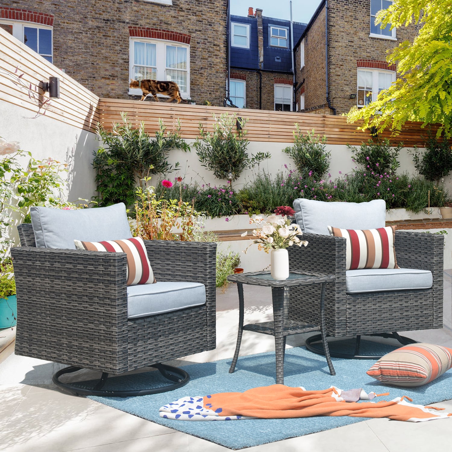 Pouuin SYZGRS703 3 -Piece Wicker Patio Conversation Set with Light Gray Cushions