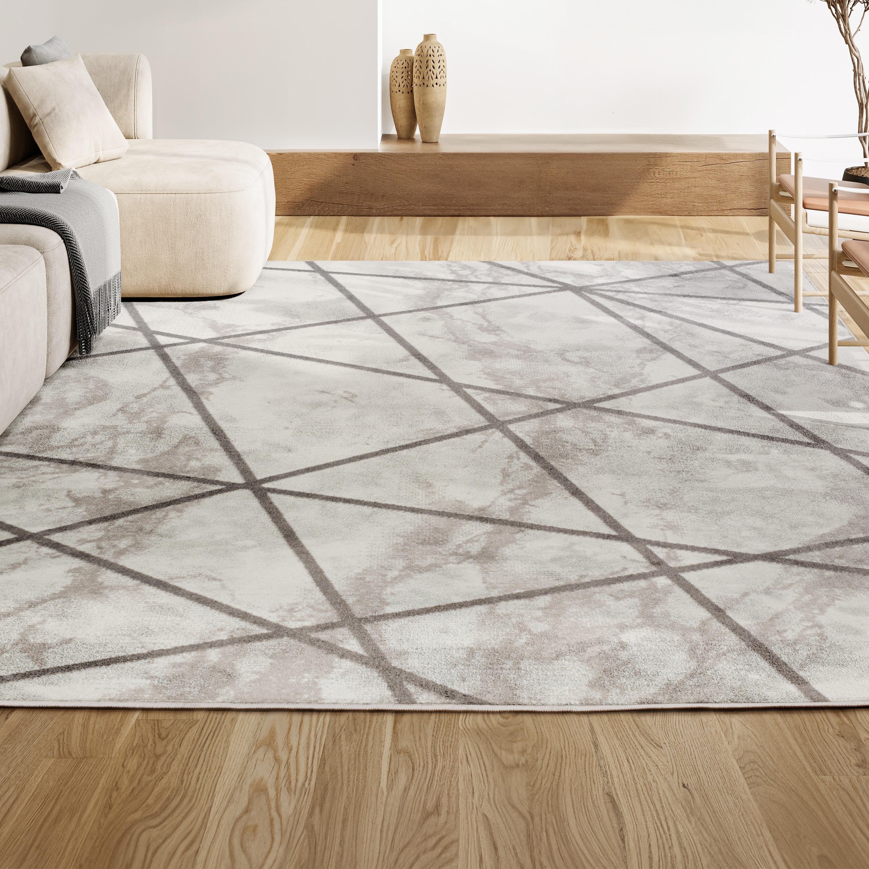 Patras Gray and Ivory Geometric Marbled Area Rug
