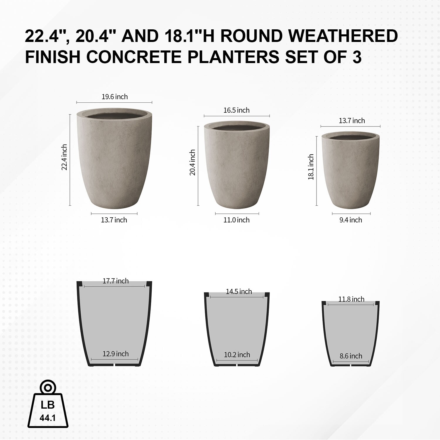 Weathered Gray Tall Round Concrete Planters Set of 3