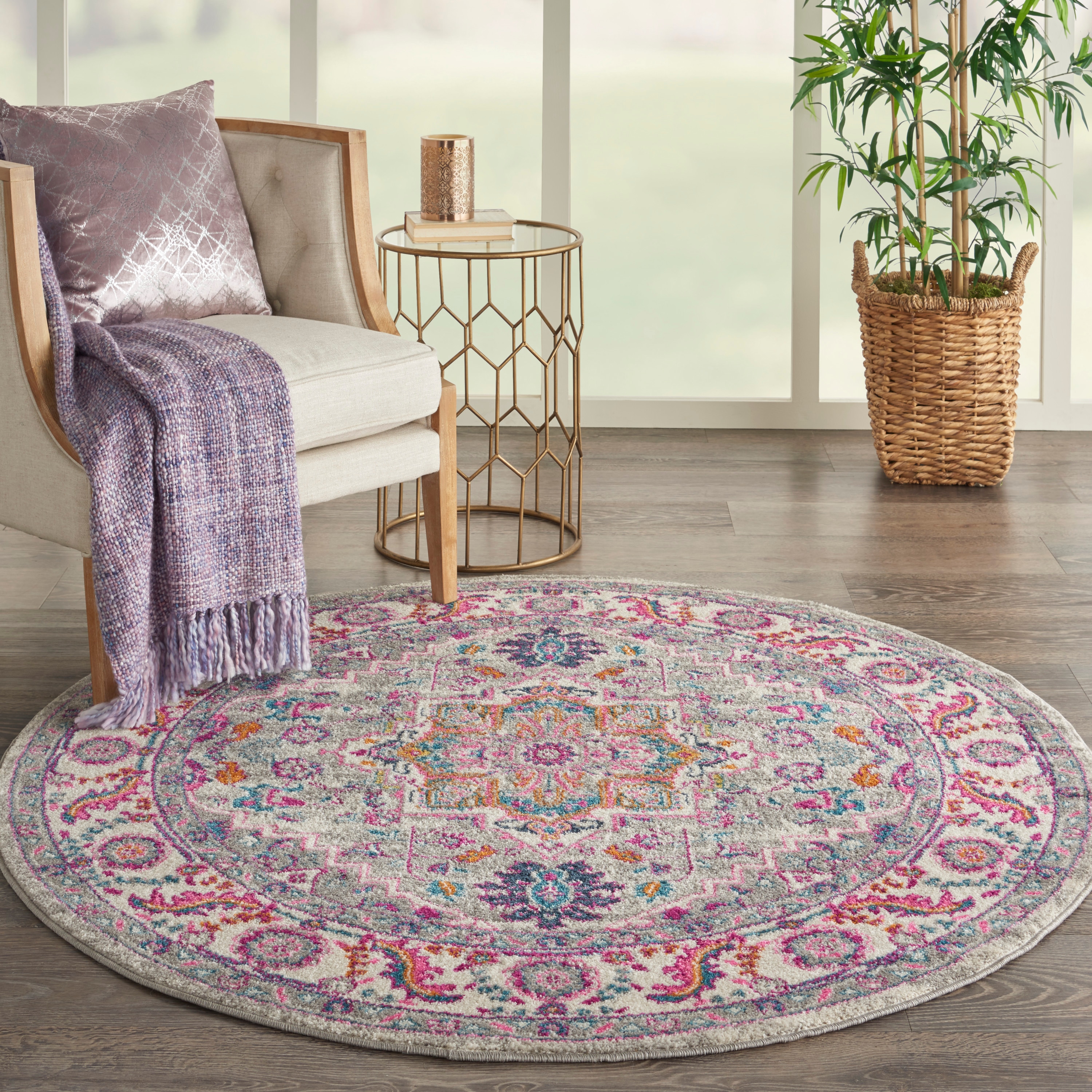 Nourison 099446765192 Passion 4 x 4 (ft) Loomed Polypropylene Light Grey/Pink Round Indoor Medallion Bohemian/Eclectic Area rug