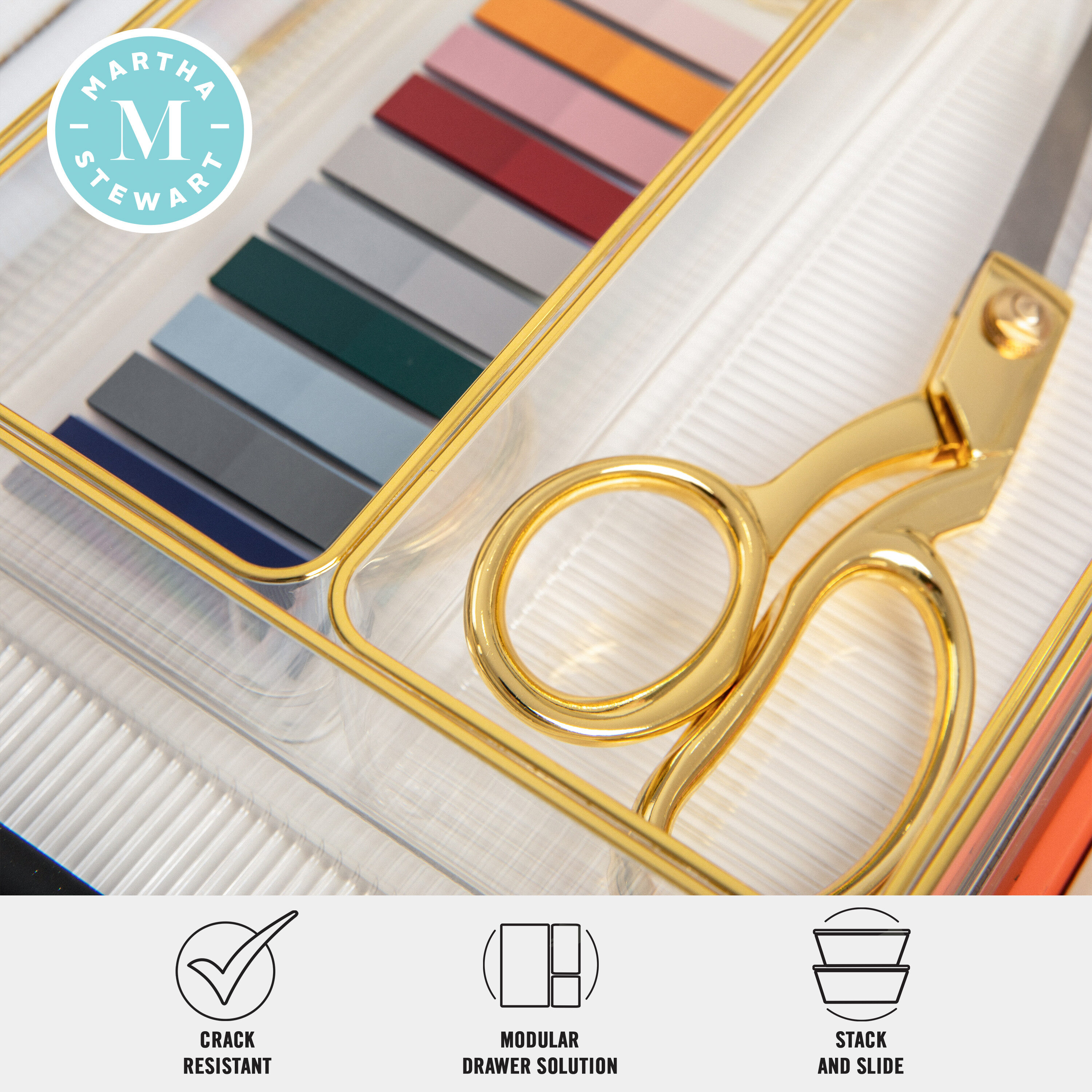 Martha Stewart Clear Plastic Stackable Desk Drawer Organizers with Gold Trim, 12" x 3"
