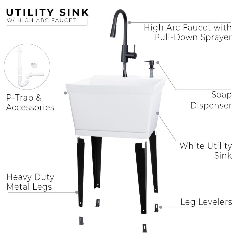 White Freestanding Utility Sink with Black High-Arc Faucet