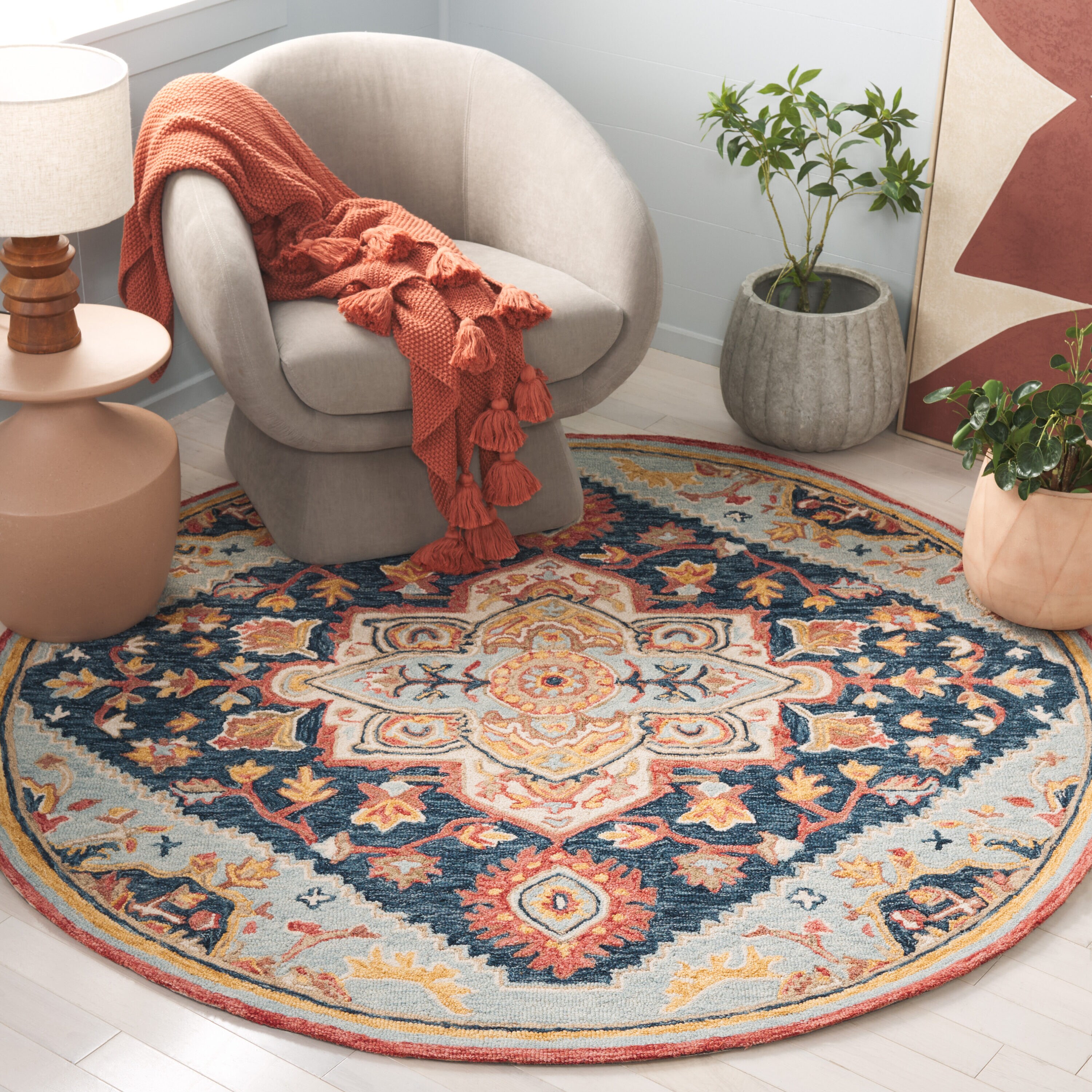  Metro 727 Navy/Red Traditional 6ft x 6ft Round Rug