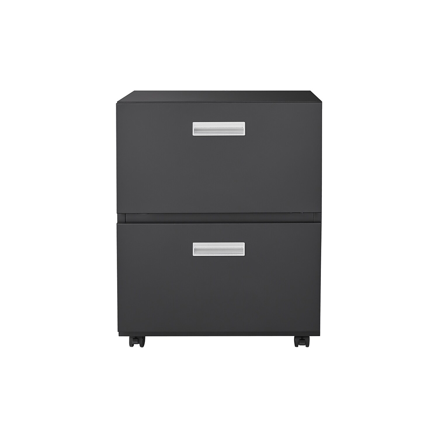 Close-up of two-drawer filing cabinet with silver handles