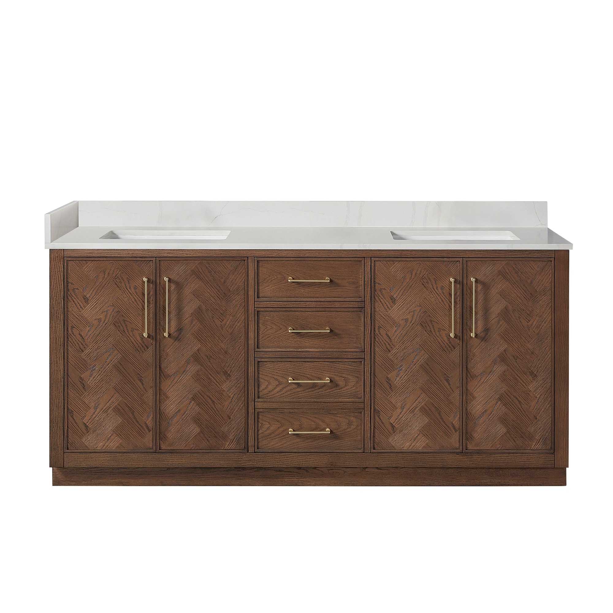 Vinnova 72-in Aged Dark Brown Oak Finish Undermount Double Sink Bathroom Vanity with Silk White Quartz Stone Quartz Top (Fully Assembled)