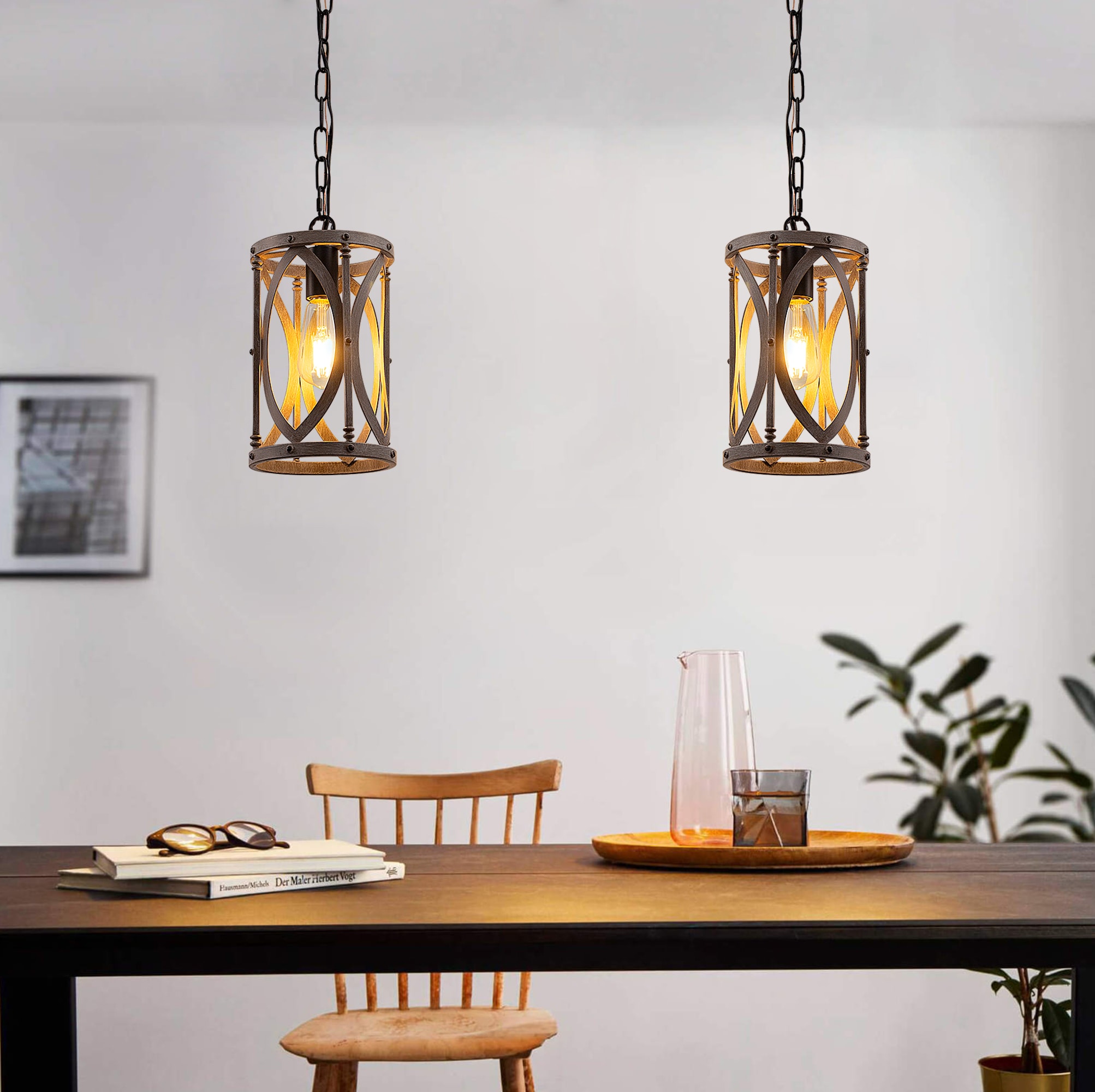 YANSUN LA-HH-CX16201AGW-11 1 -Light Black and Brown Farmhouse Cylinder Mini Hanging Pendant light