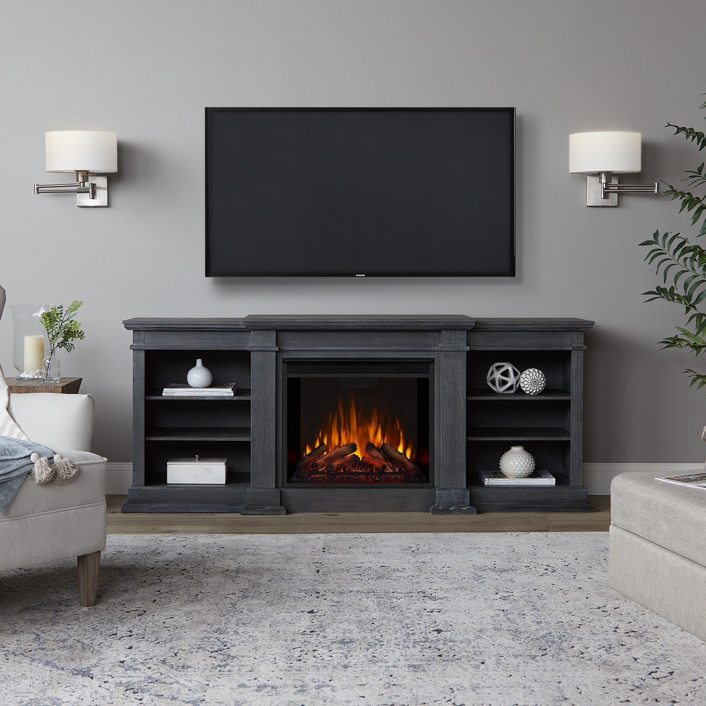 Real Flame G1200E-AGR 71.75-in W Antique Gray TV Stand with Infrared quartz Flat wall Electric Fireplace with Remote Control Included