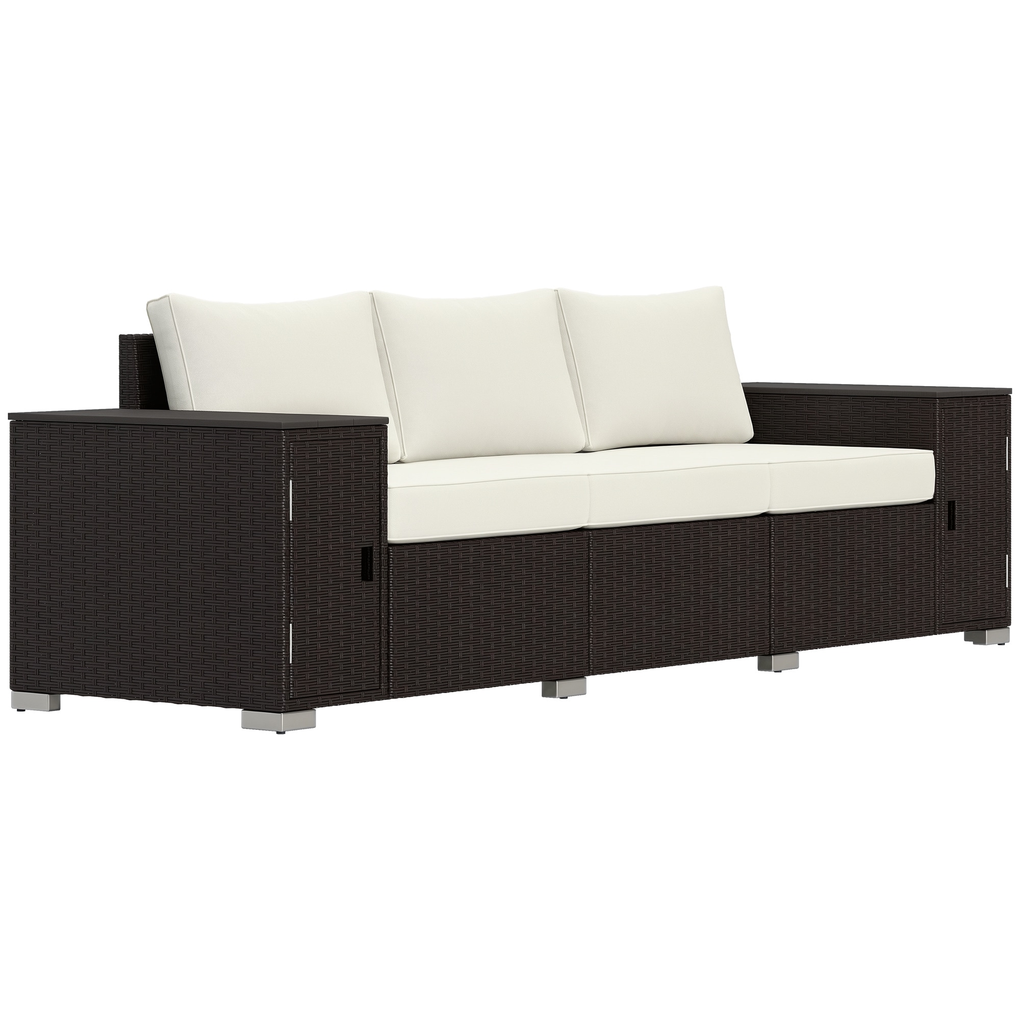 Outsunny 860-385V00CW  3 Seater Wicker Sofa with 2 Storage Side Tables and Thickened Cushions Rattan Outdoor Patio Sofa with Wide Armrests Wicker Outdoor Couch for Porch Garden Backyard Cream White/Brown