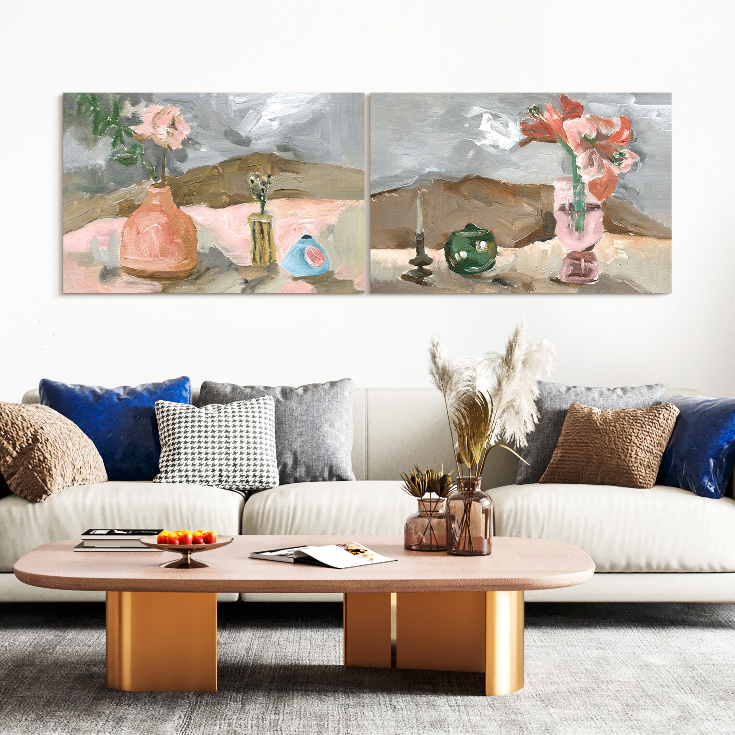 Rustic Still Life Pink Vase and Green Teapot Glass Wall Art Set