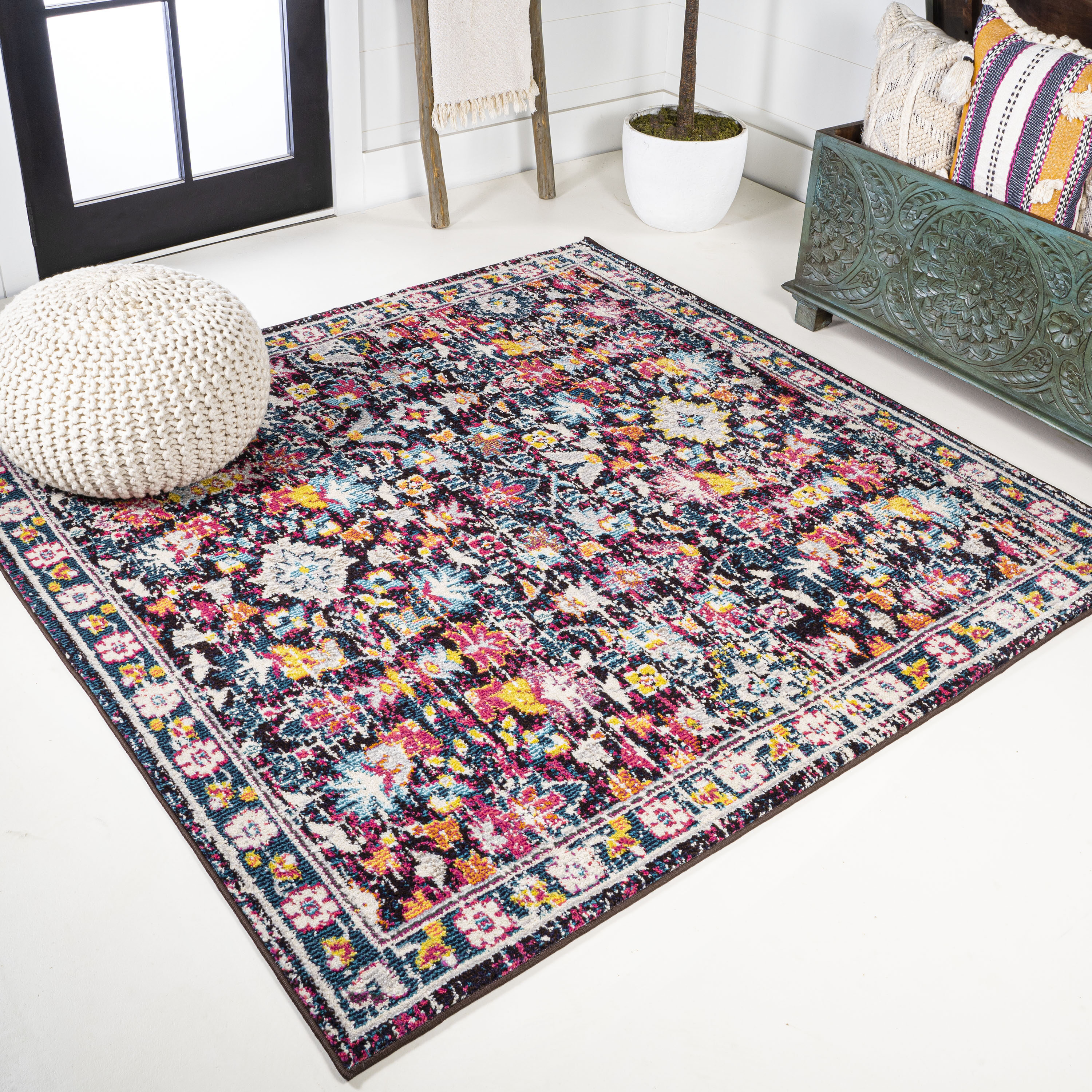 JONATHAN  Y MDP200A-5SQ MODERN PERSIAN Boho Floral 5 x 5 (ft) Loomed Polypropylene Multi/Purple Square Indoor Medallion Persian Area rug